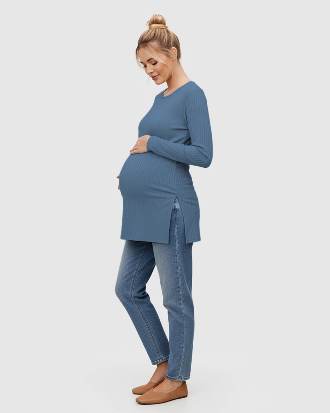 Ribbed Knit Long Sleeve Maternity Top with Side Slits