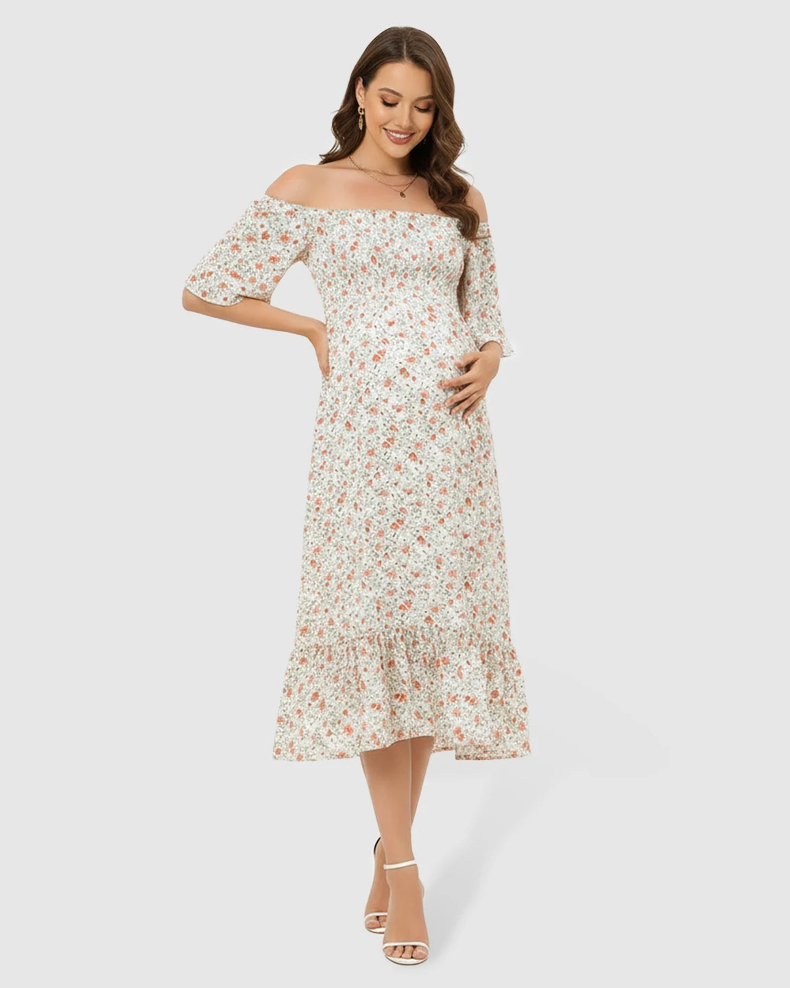 Off-Shoulder Boho Maternity Midi Dress