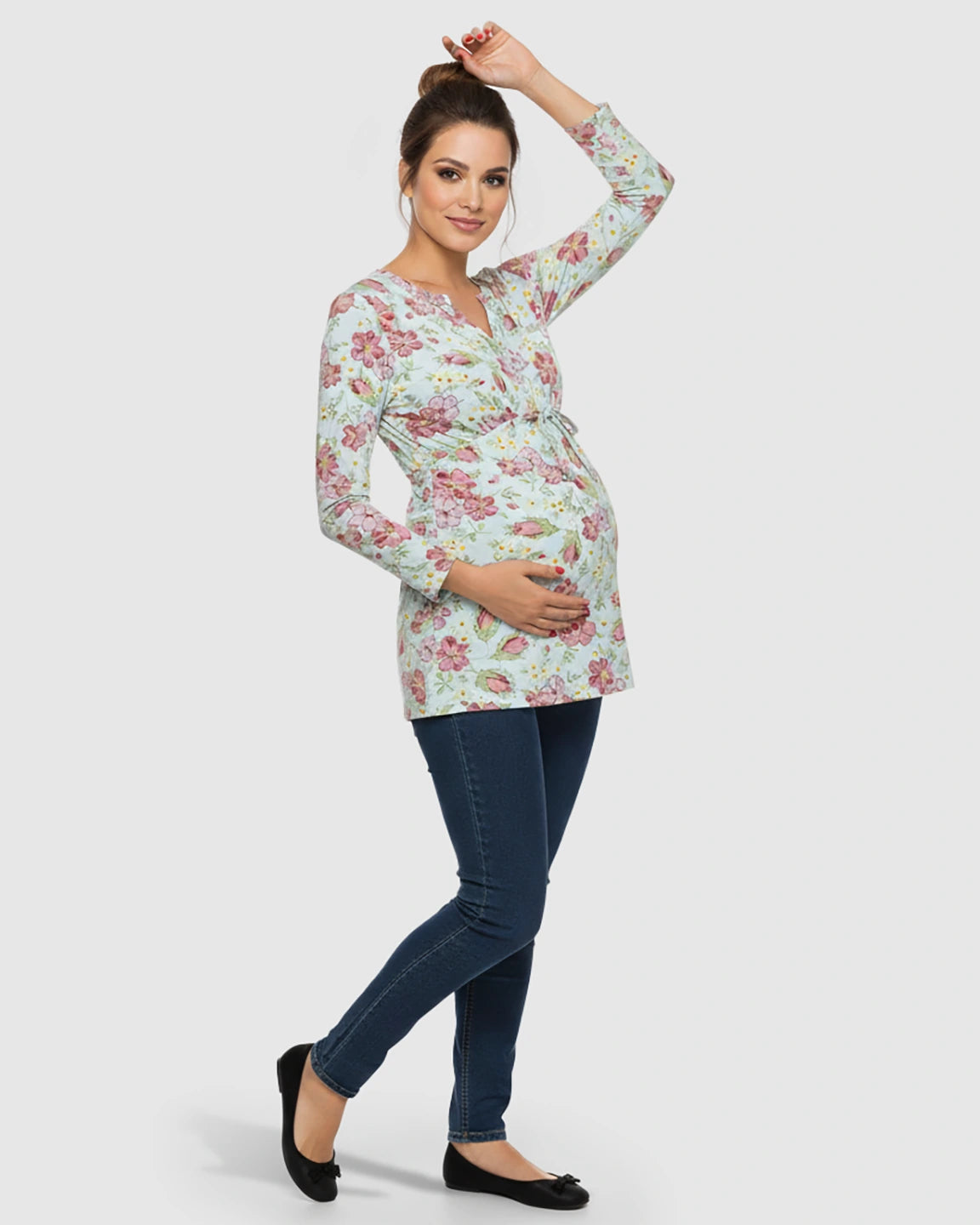 Adjustable Waist Casual Floral Maternity Top