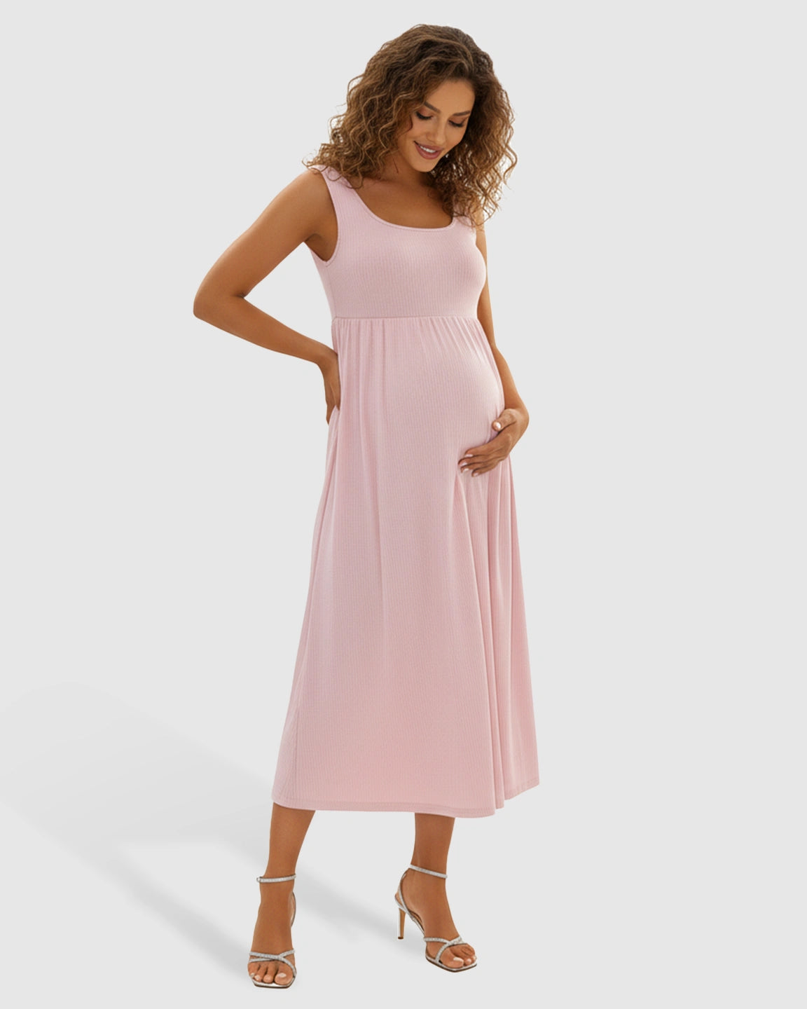 Wide Shoulder Straps Flowy Maternity Midi Dress