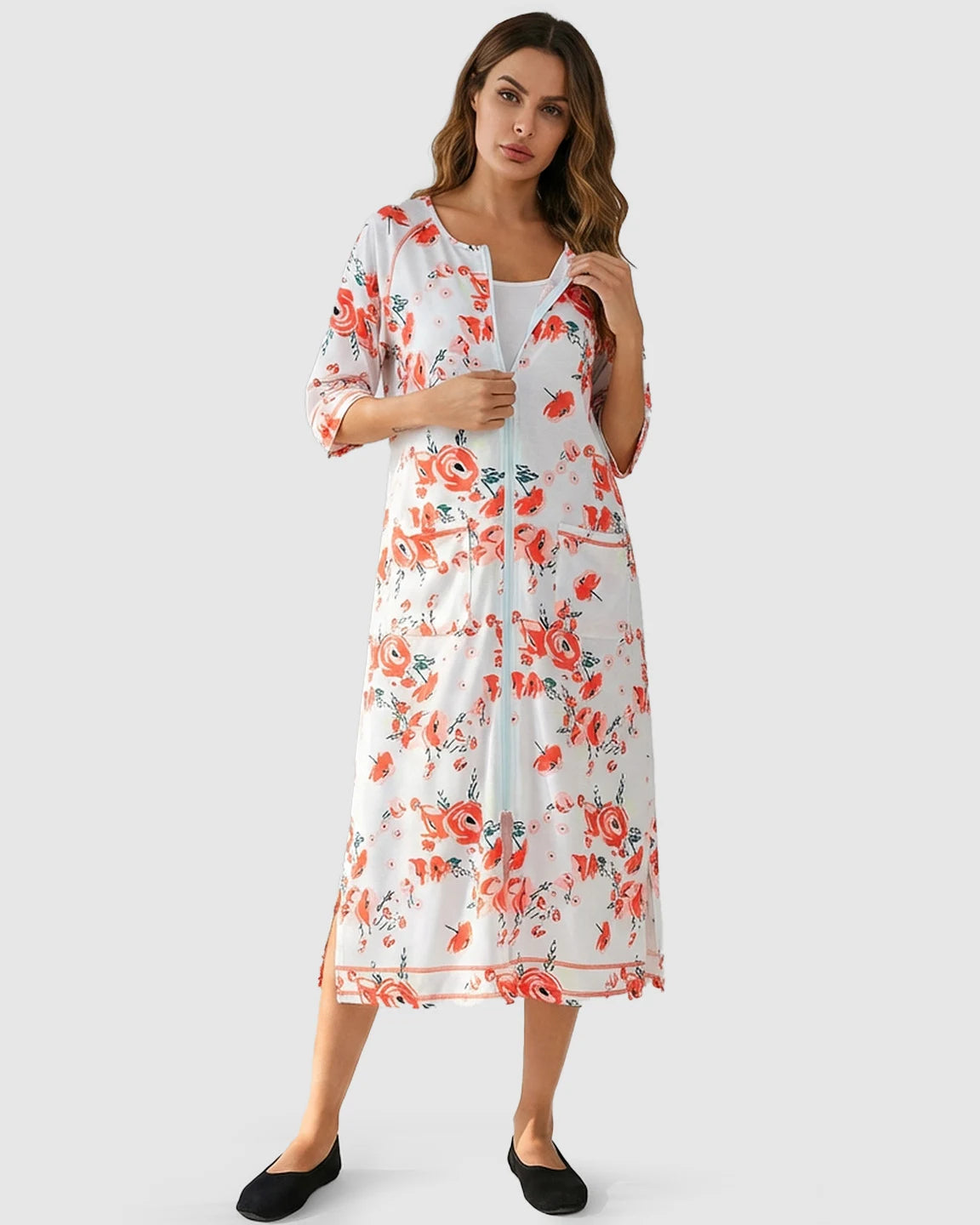Front Zipper Floral Maternity Nursing Lounge Dress