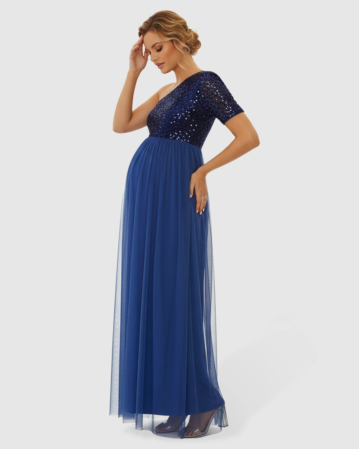 Sequin One-Shoulder Glamour Maternity Maxi Dress