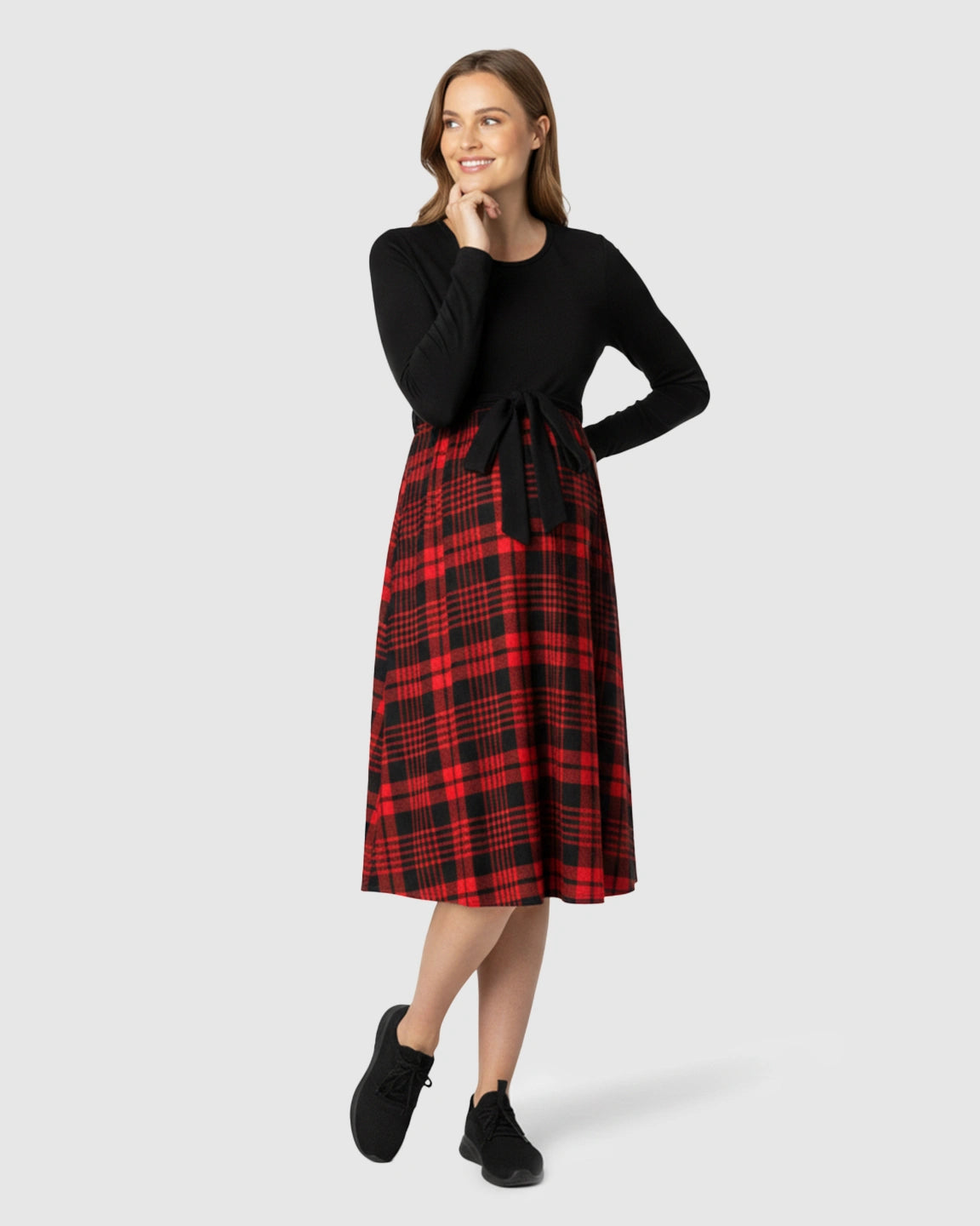 Plaid High-Waist Long Sleeve Nursing Maternity Dress