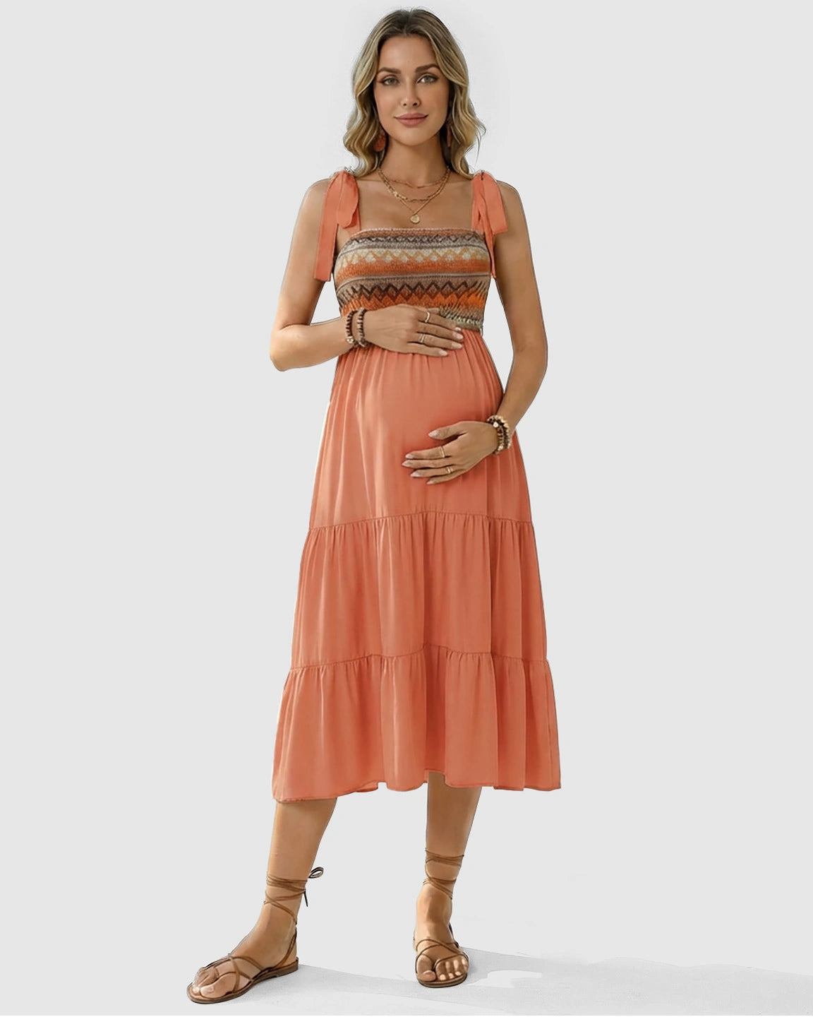 Smocked Ethnic Bodice Tiered A-Line Maternity Sundress