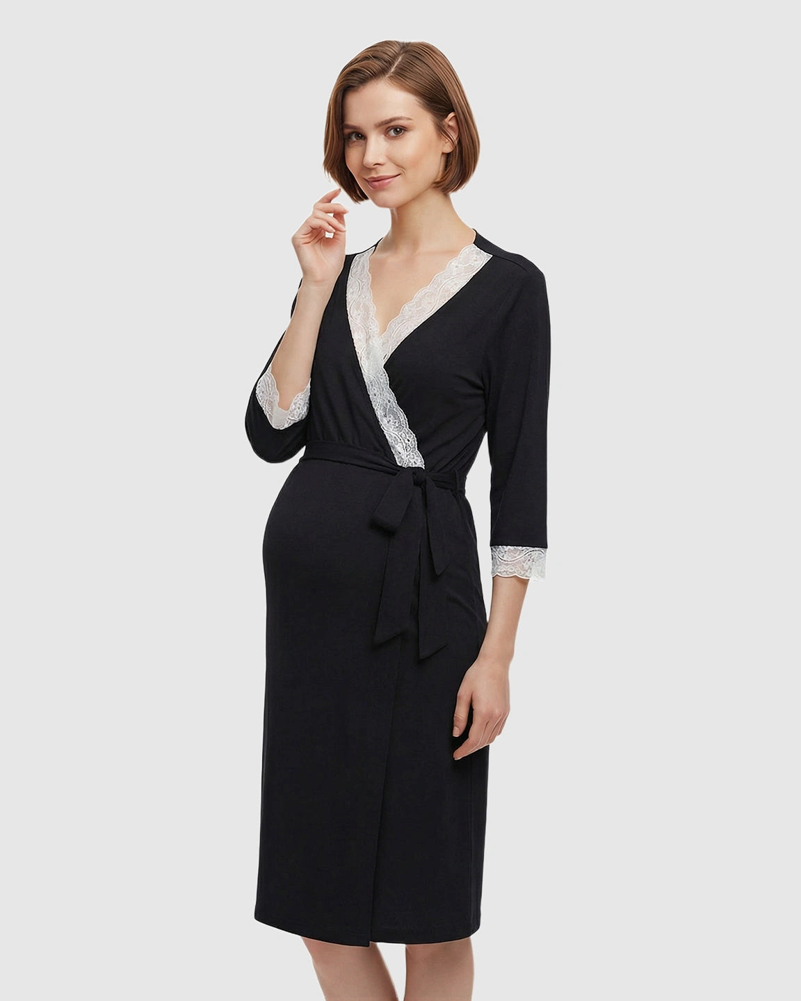 Lace Trim Wrap Maternity Robe