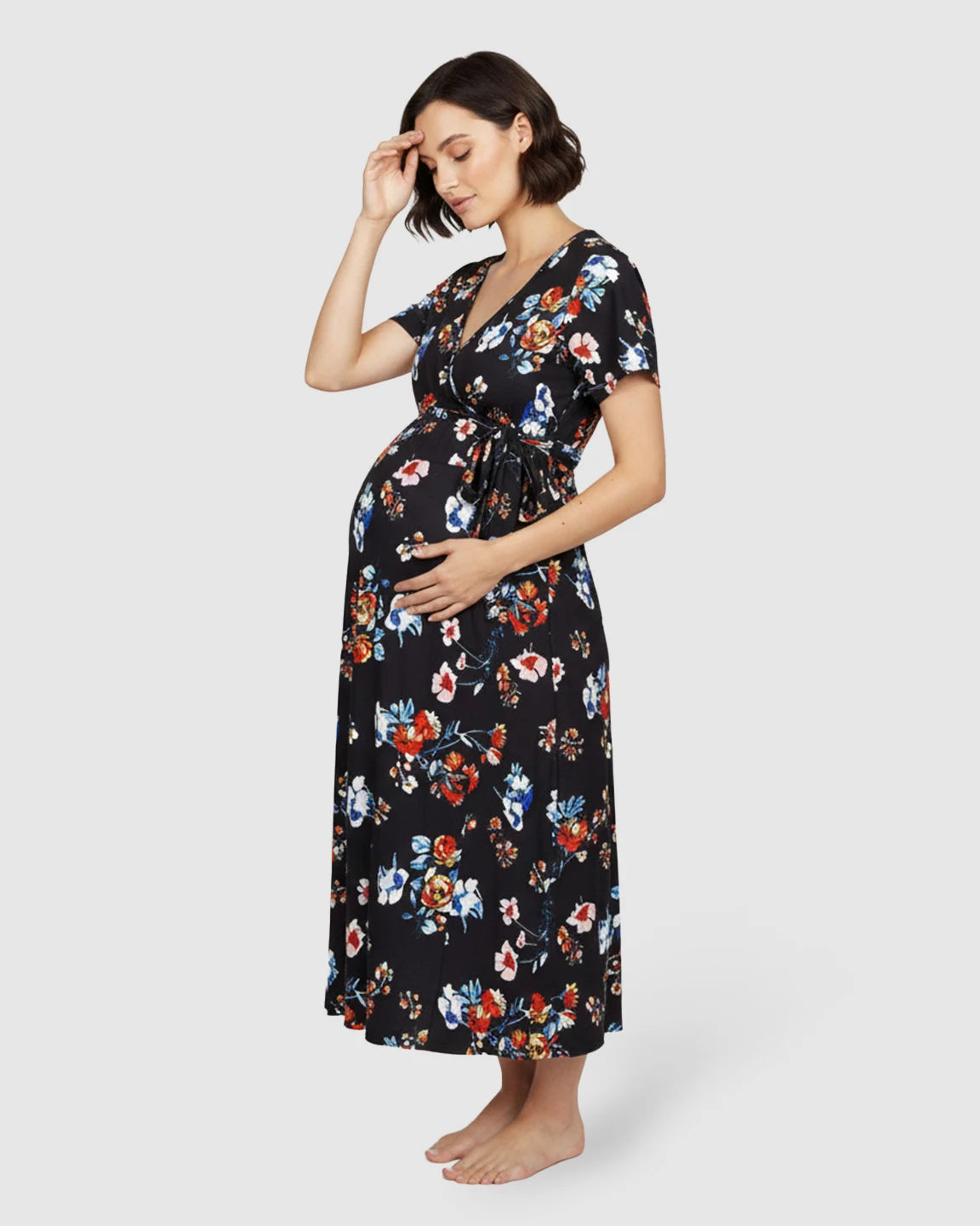 V-Neck Wrap Style Floral Maternity Maxi Dress
