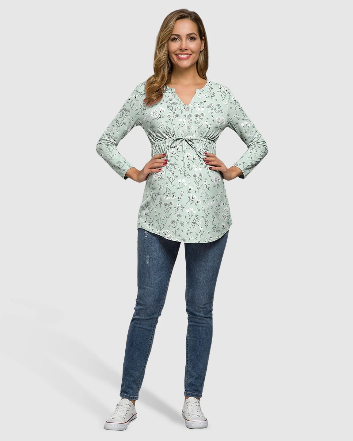 Notch Neckline Floral Drawstring Maternity Tunic Top