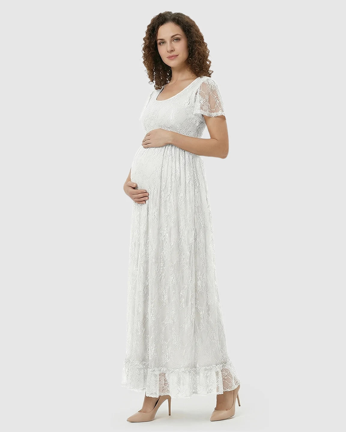 Ruffled Hem Floral Lace Maternity Photoshoot Dress