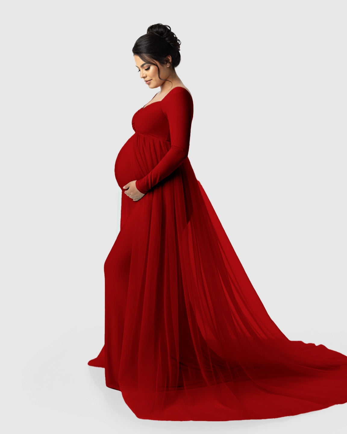 Sheer Mesh Flowy Train Maternity Maxi Dress