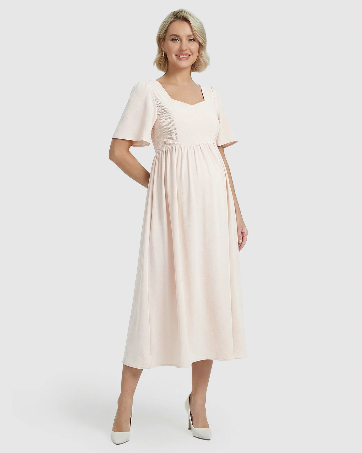 Shirred Ruffle Sleeve Swing Maternity Midi Dress