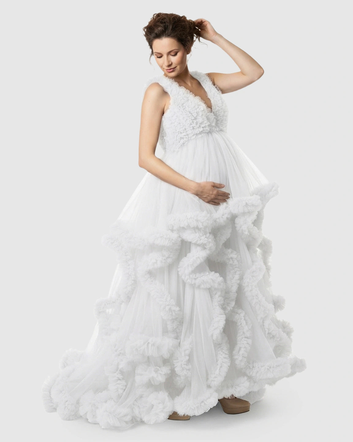 Ruffled Bodice Multi-Layer Mesh Pleats Maternity Gown