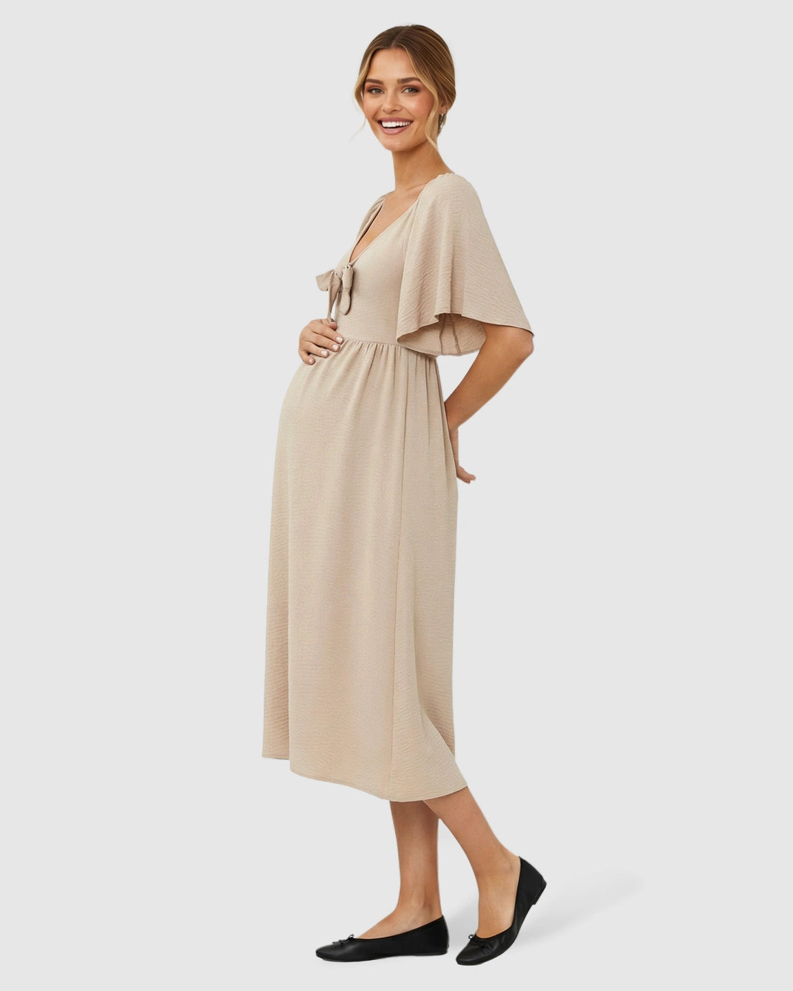 Tie-Knot Front Swing Silhouette Maternity Midi Dress
