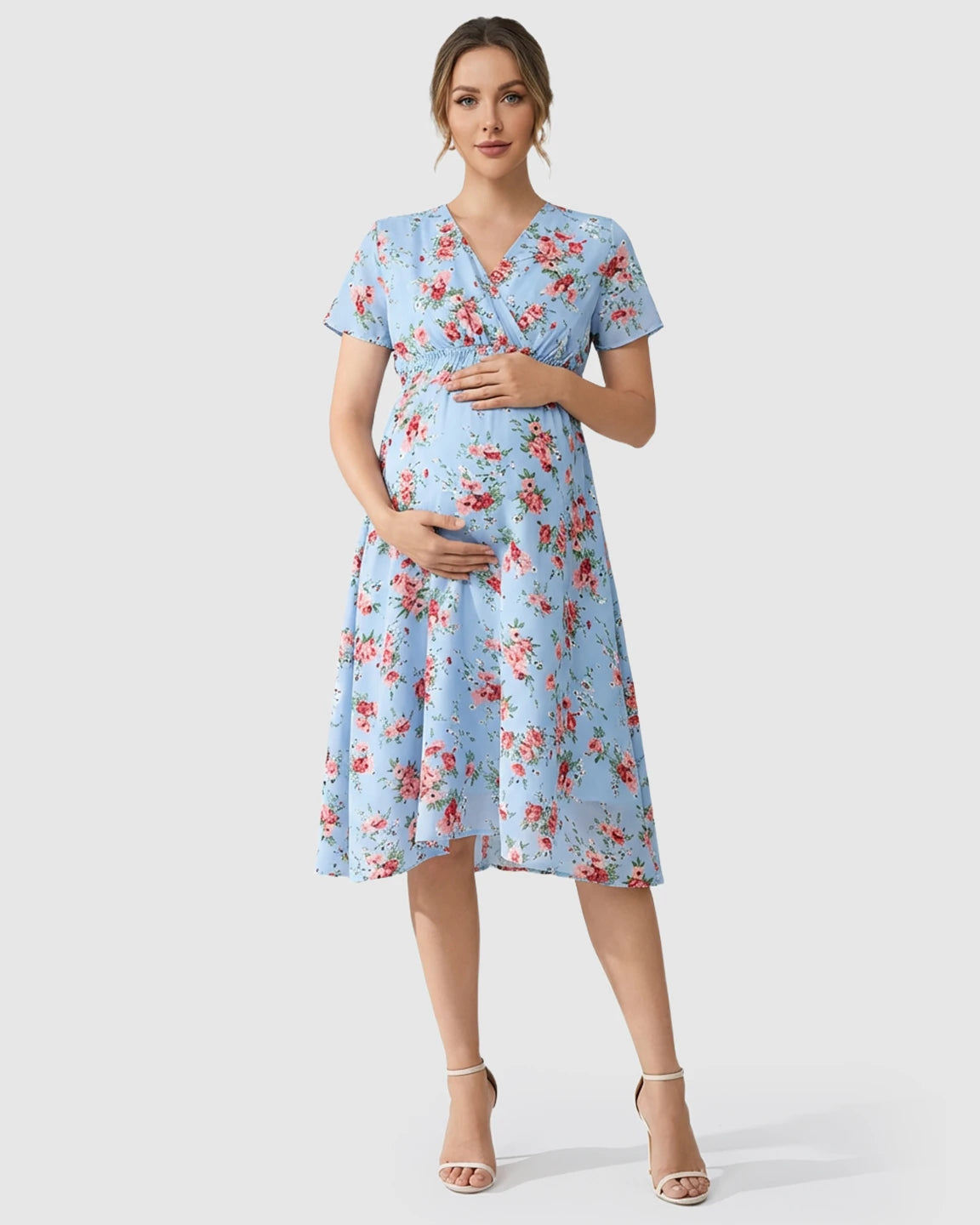 Chiffon Fabric Floral Print Maternity Midi Dress