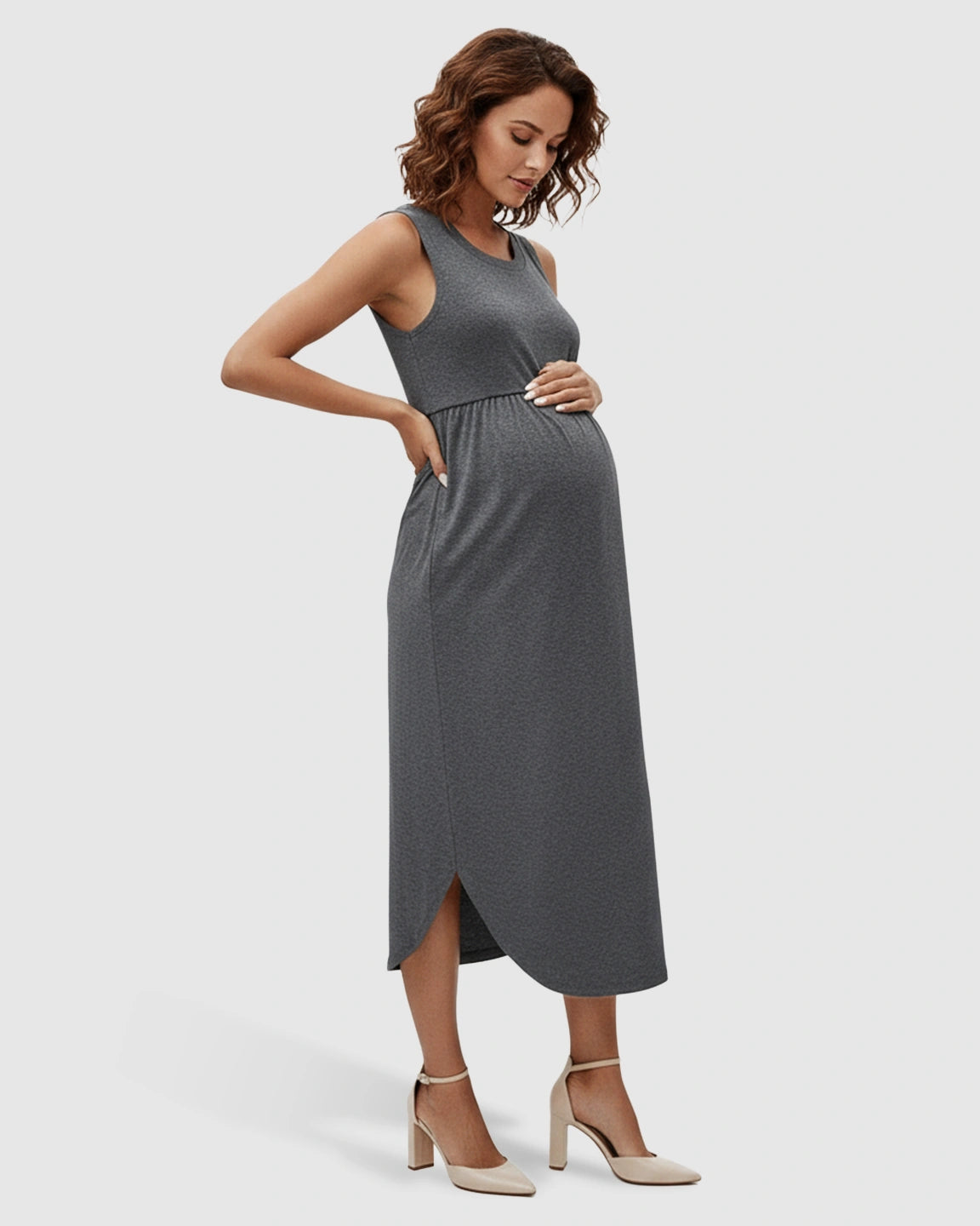 Sleeveless Gathered-Waist Maternity Midi Dress
