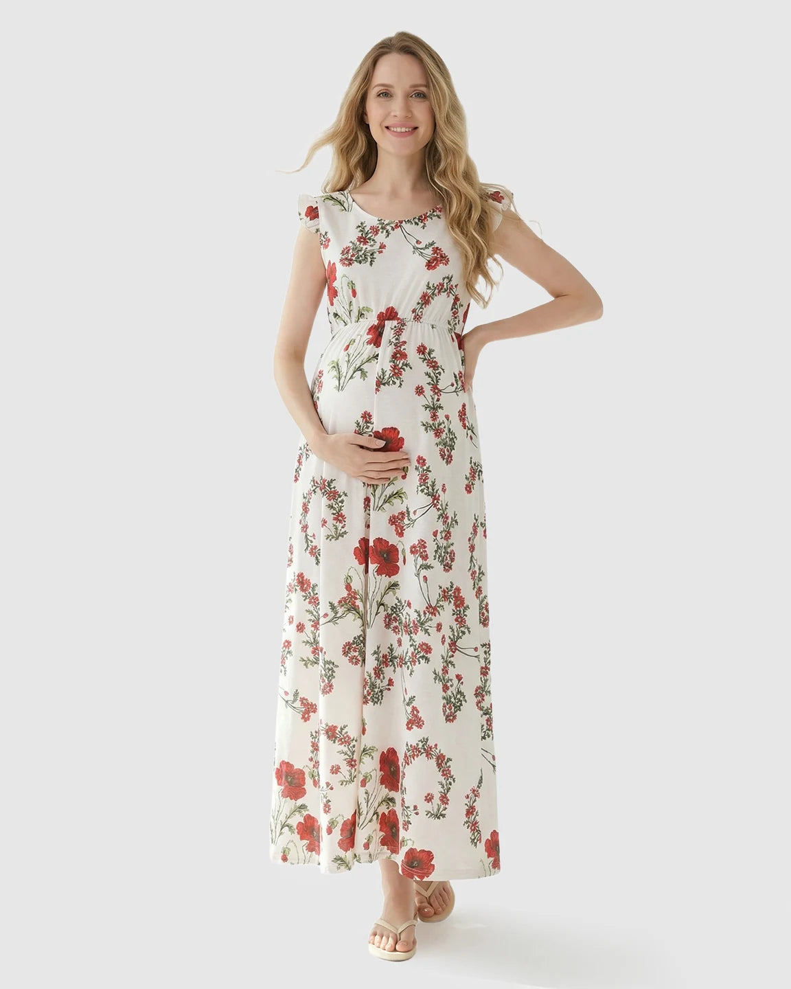 Ruffle Shoulder Floral Maternity Maxi Dress