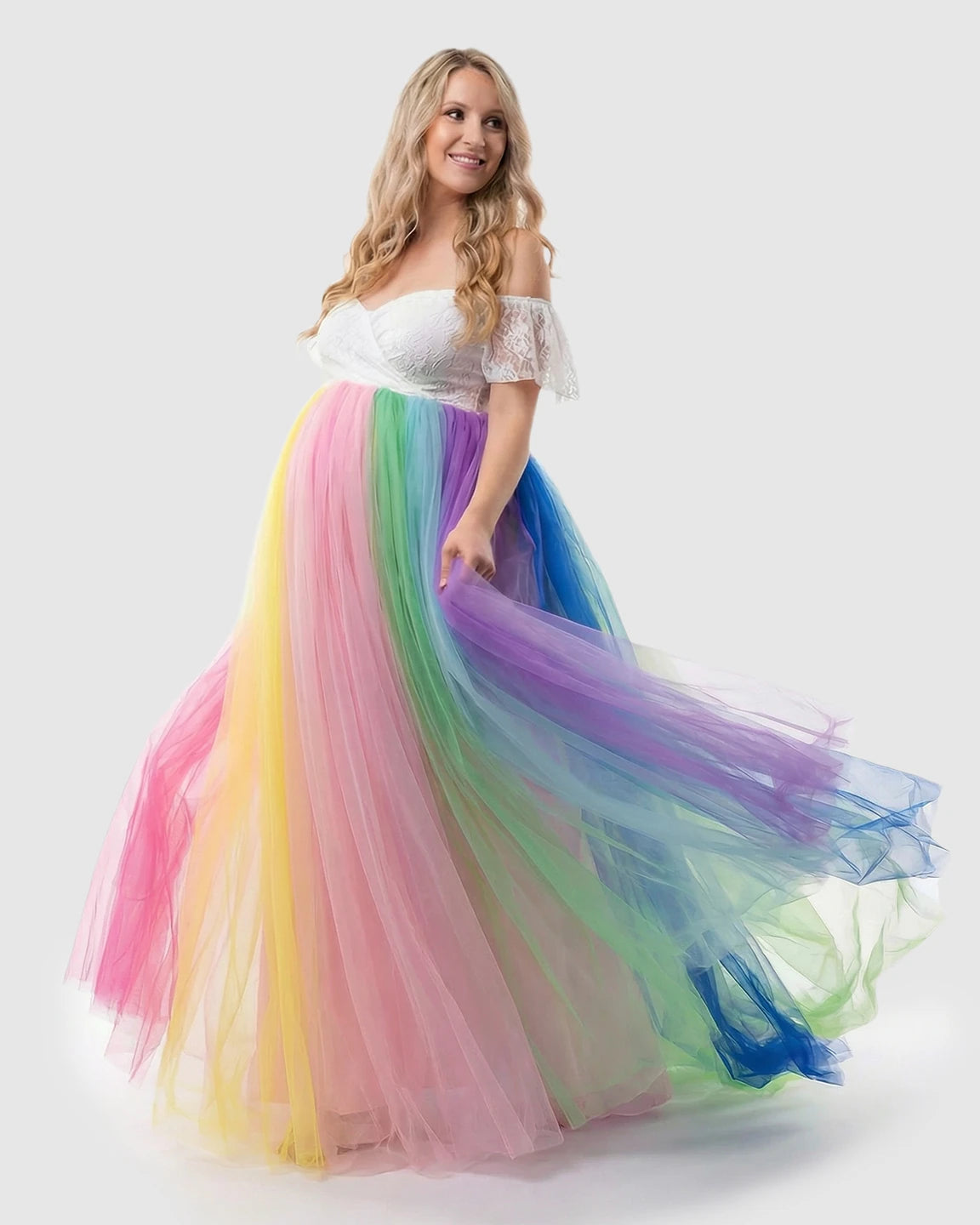 Lace-Spliced Rainbow Trailing Maternity Gown
