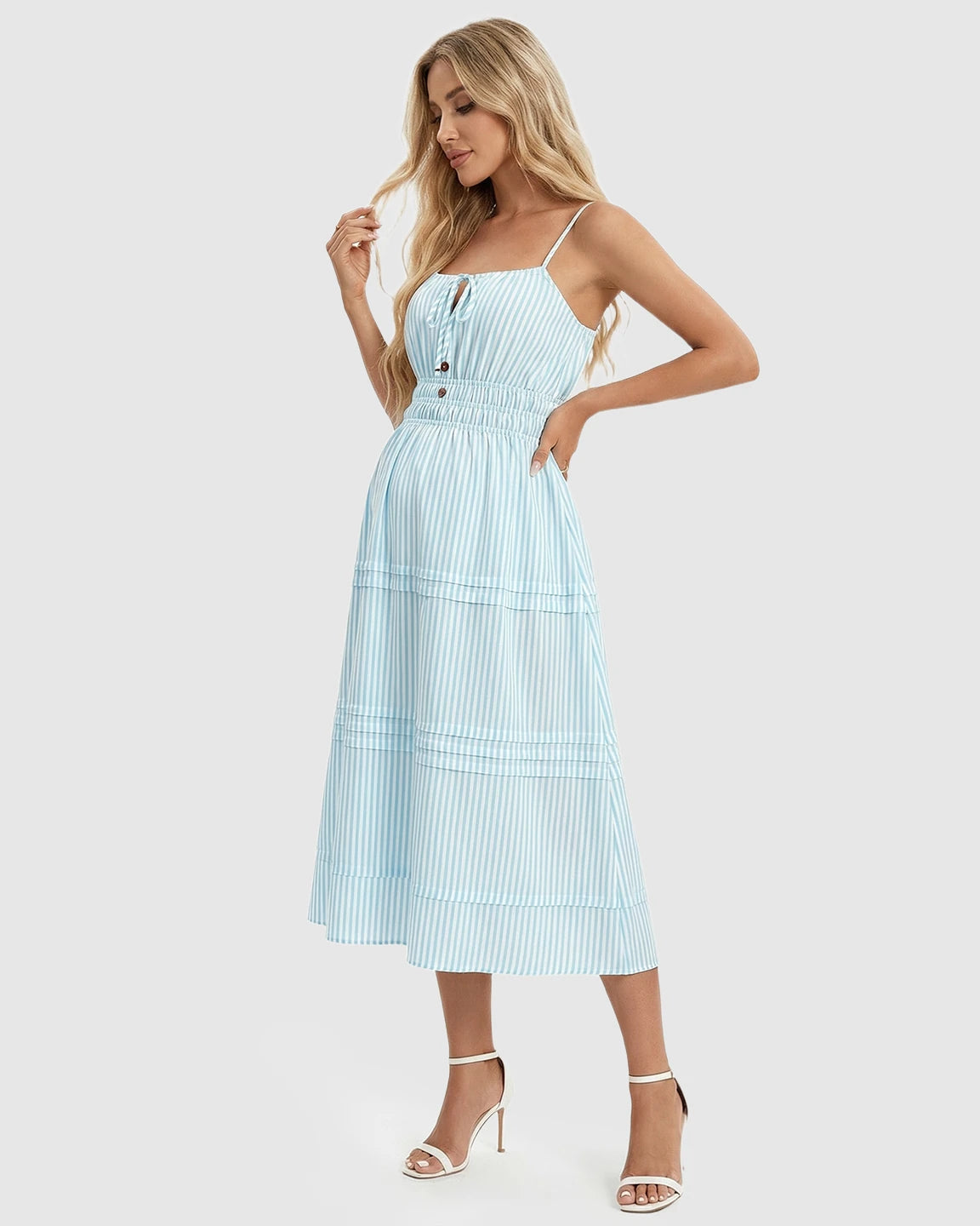 Smocked-Waist Striped A-Line Maternity Midi Dress