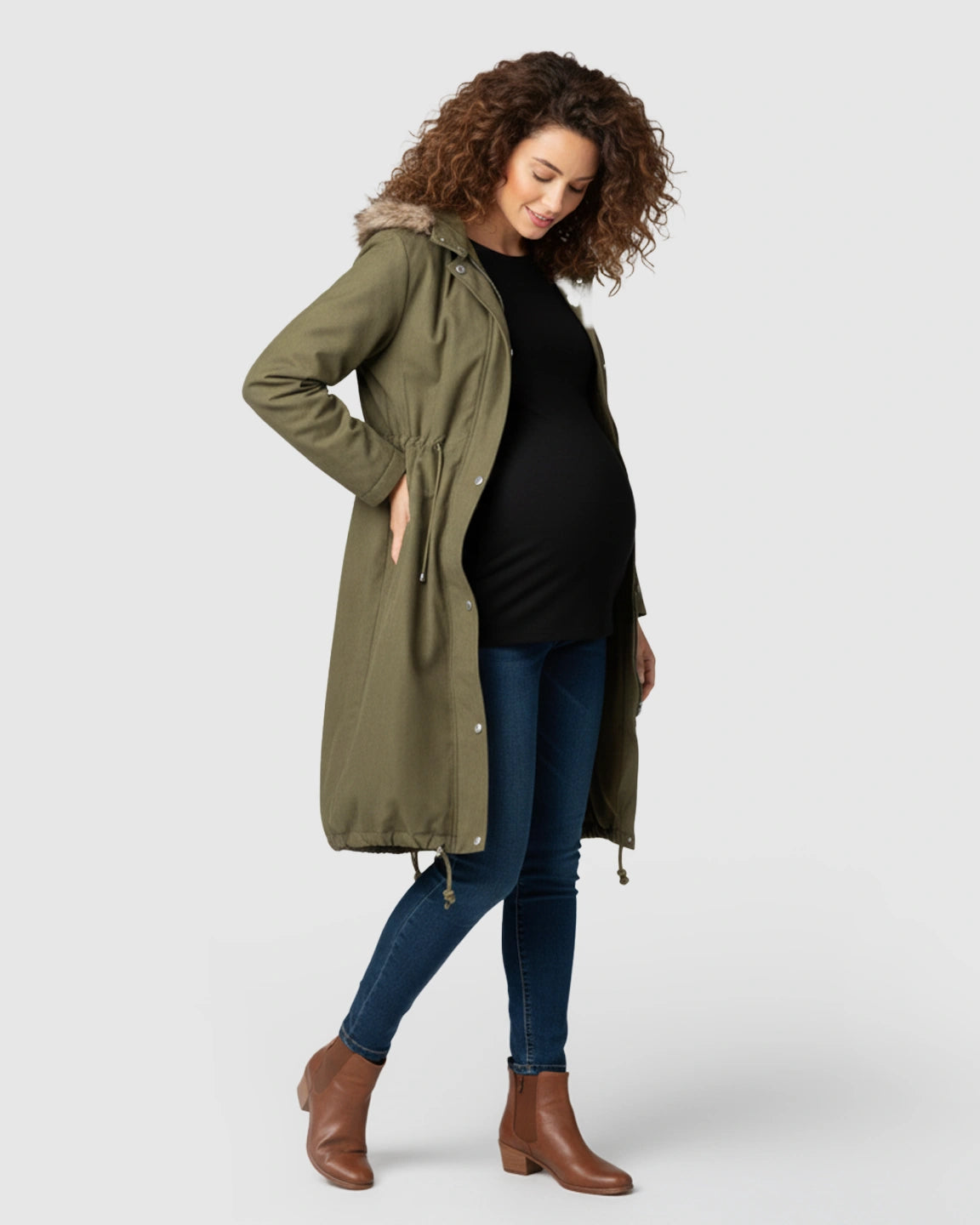 Fur Collar Hooded Long Maternity Jacket