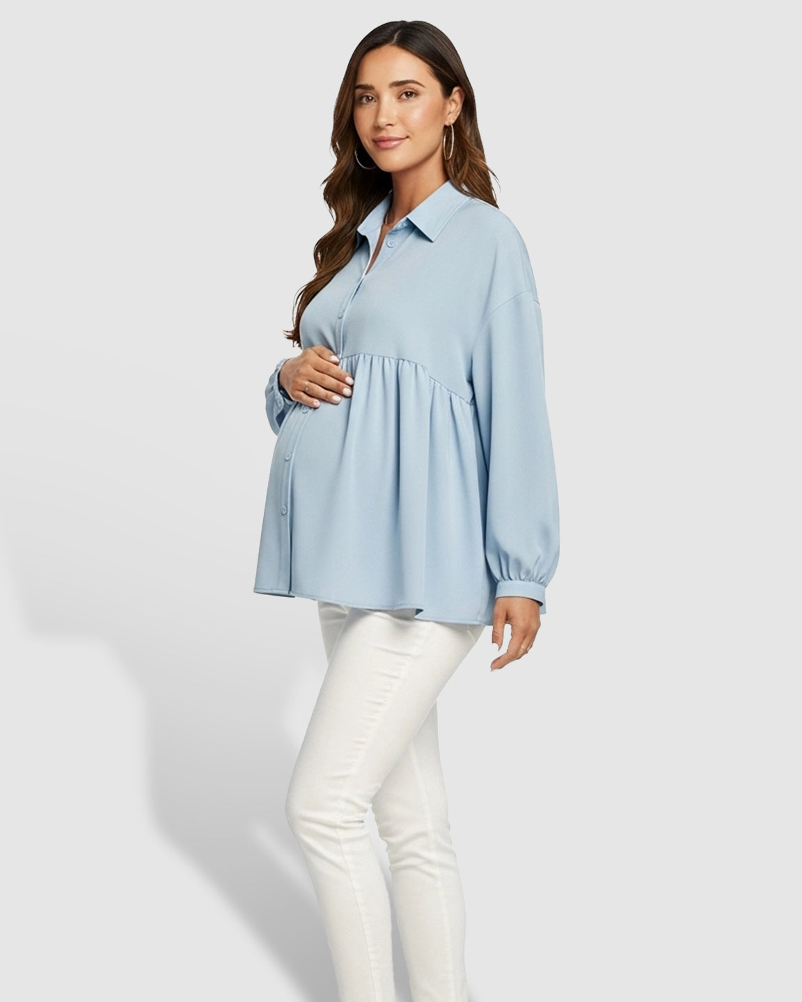 Lapel Long Sleeve Maternity Shirt