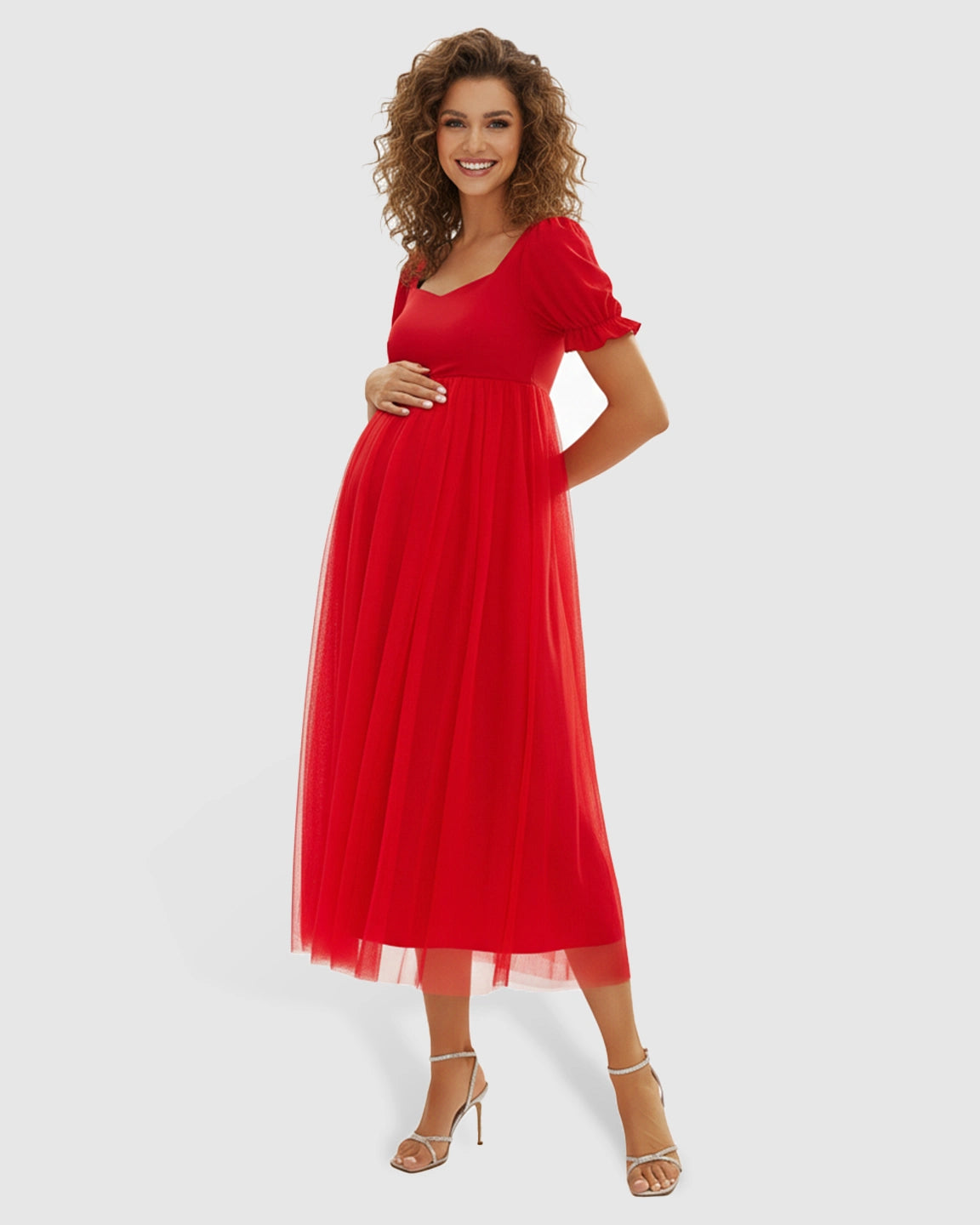 Soft Mesh Layers Romantic Maternity Midi Dress