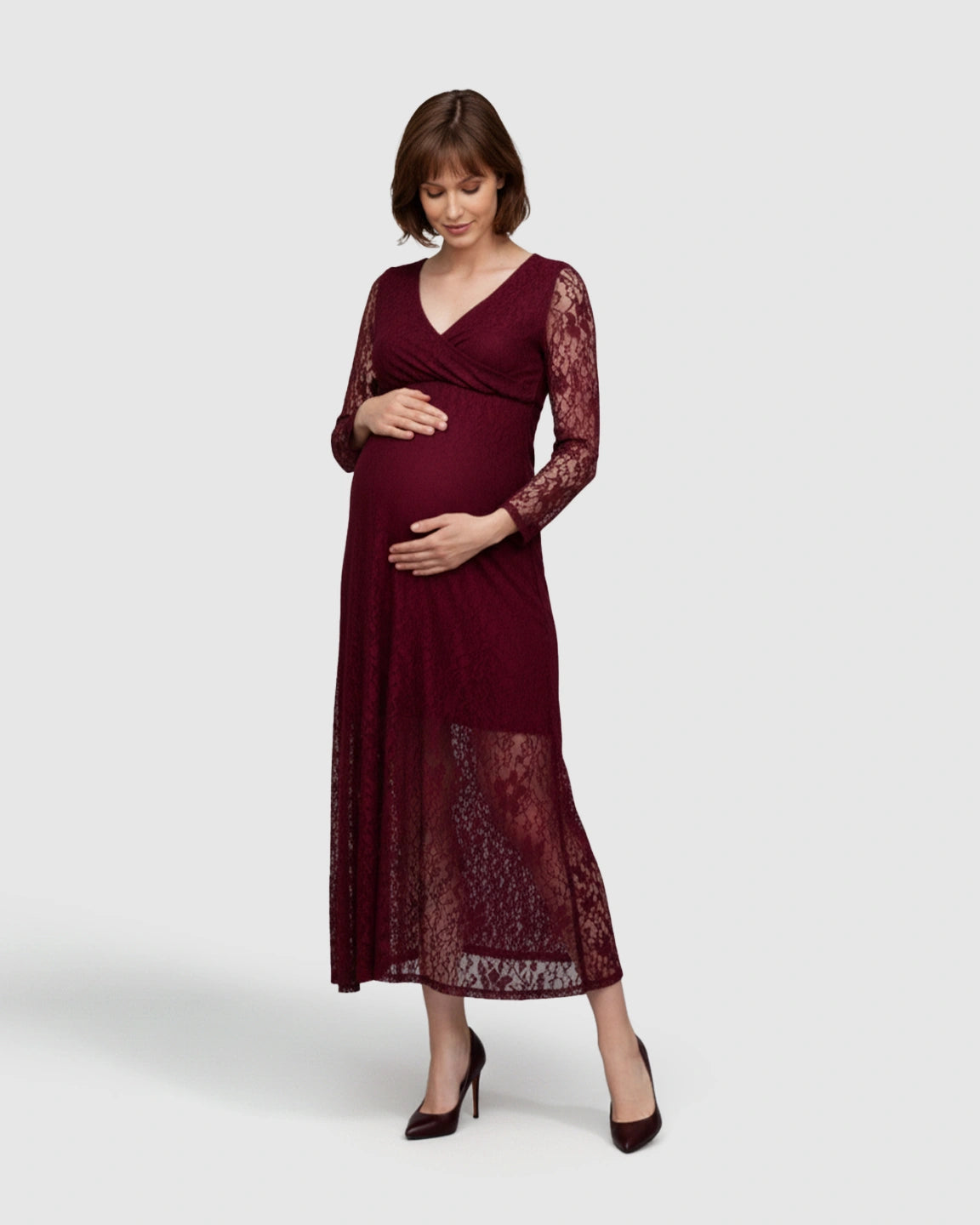 Sheer Lace Long Sleeve Maternity Midi Dress