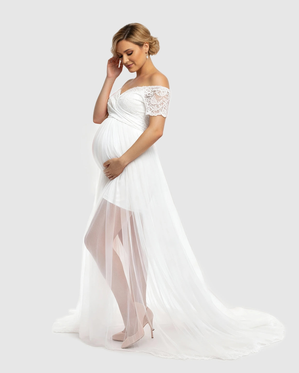 Lace & Mesh Off-Shoulder Maternity Gown