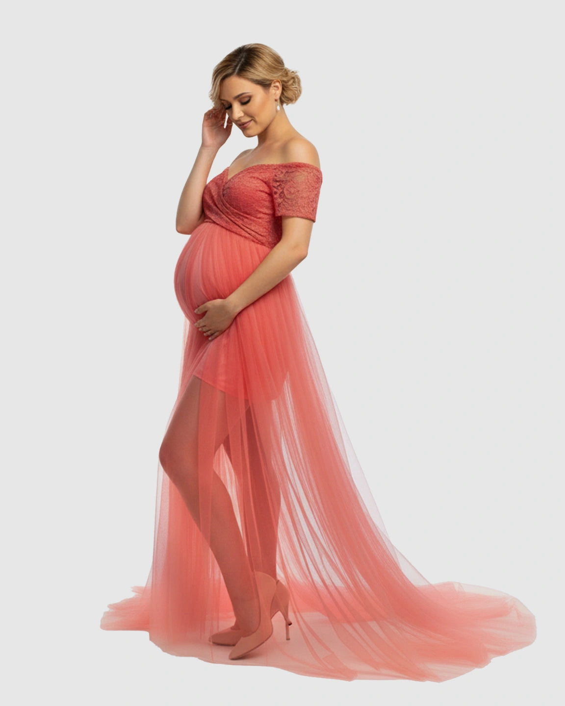 Lace & Mesh Off-Shoulder Maternity Gown