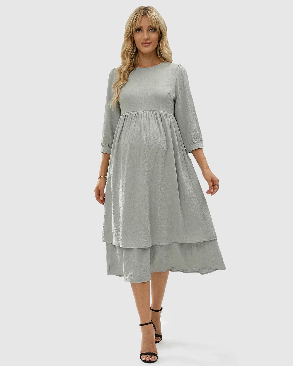 Quarter Sleeve Ruffle Skirt Maternity Midi Dress