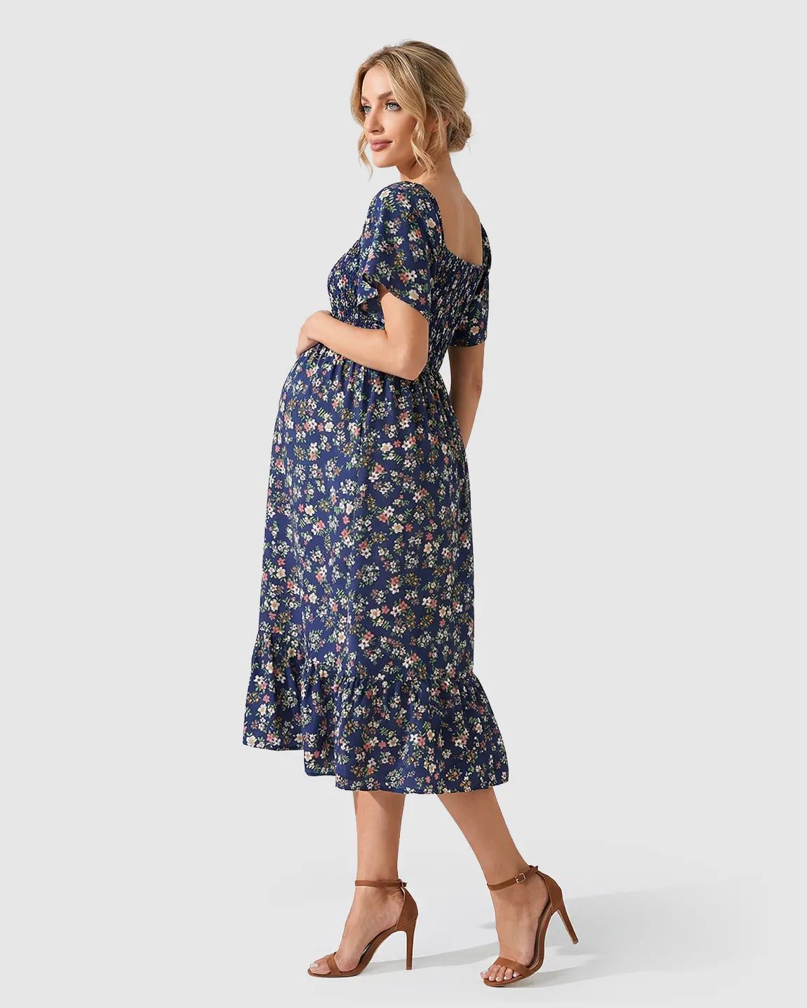 Floral Off Shoulder Maternity Midi Dress