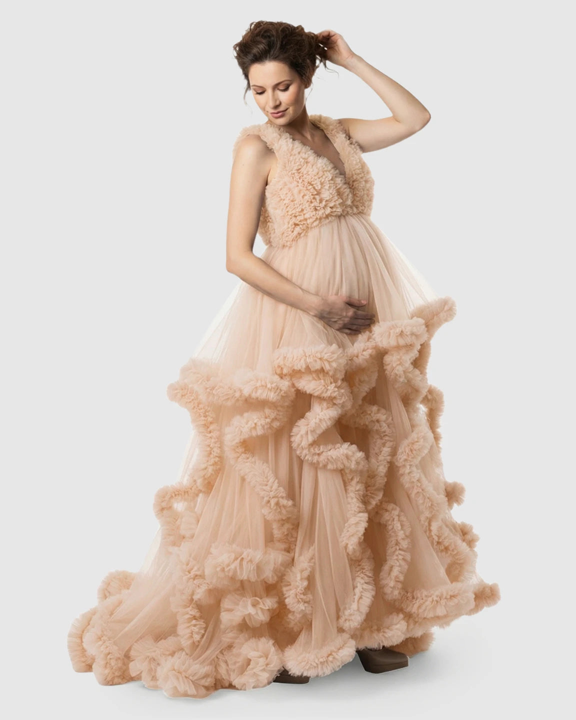 Ruffled Bodice Multi-Layer Mesh Pleats Maternity Gown
