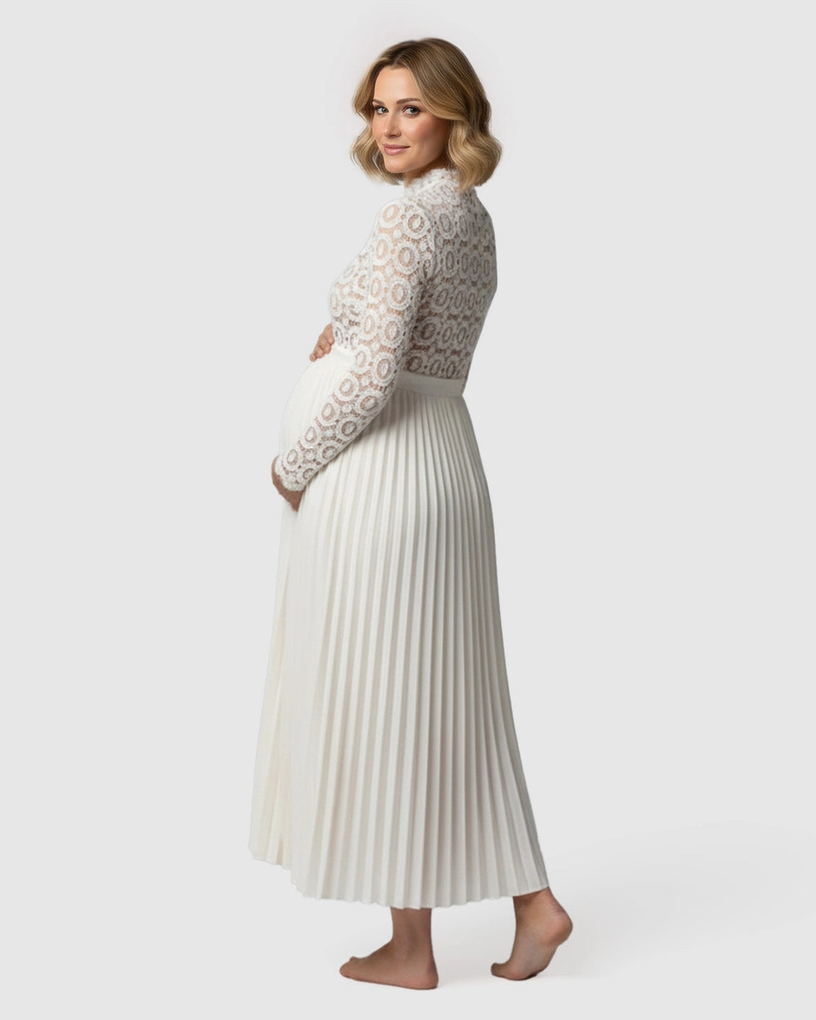 Lace Mock-Neck Pleated Maternity Maxi Dress