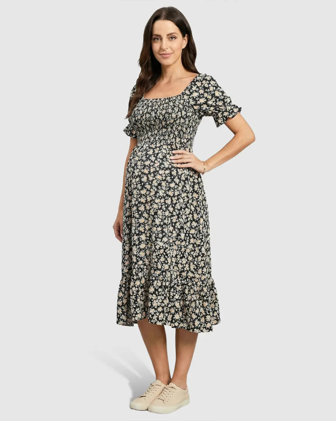 Smocked Bodice Boho Casual Maternity Midi Dress