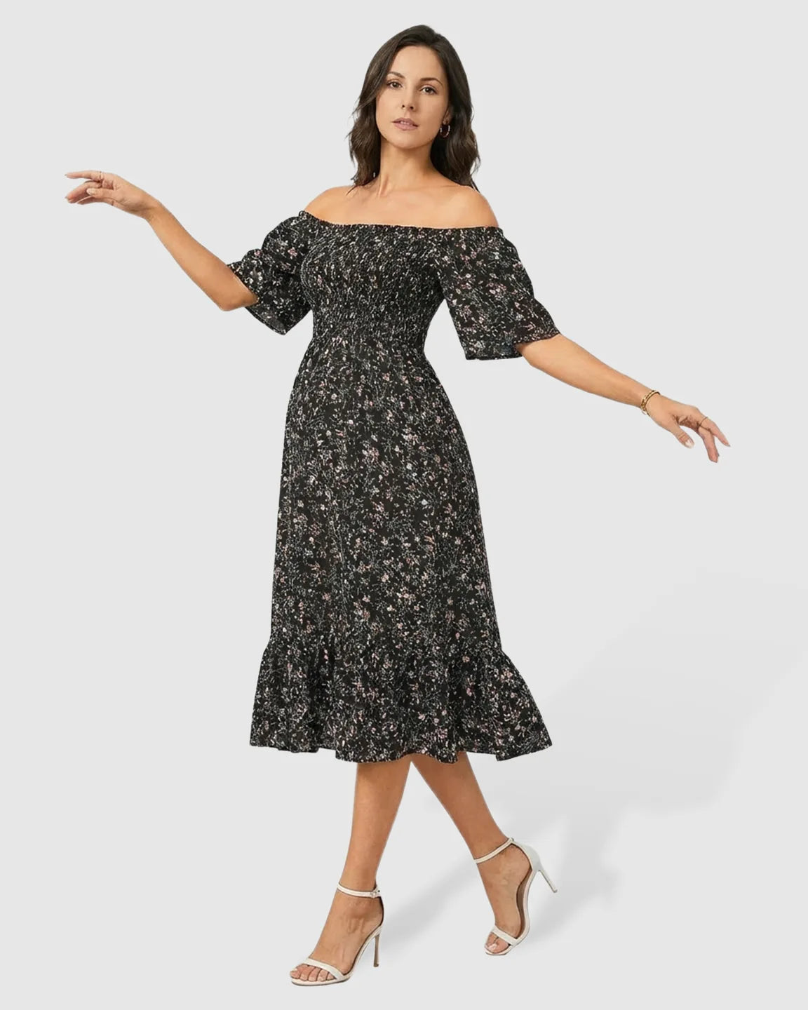 Smocked Bodice Off-Shoulder Maternity Midi Dress