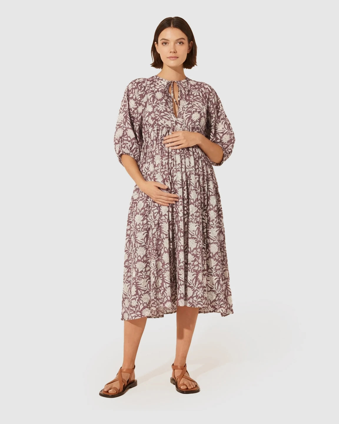 Knot Neckline Puff Sleeve Maternity Midi Dress