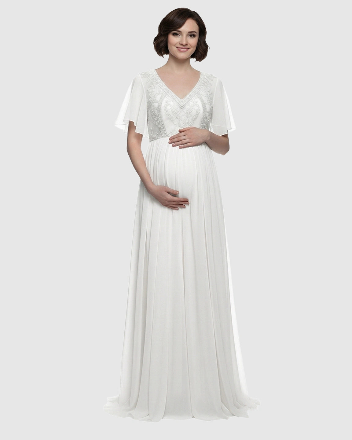 Embroidered Bodice Long Train Maternity Photoshoot Gown