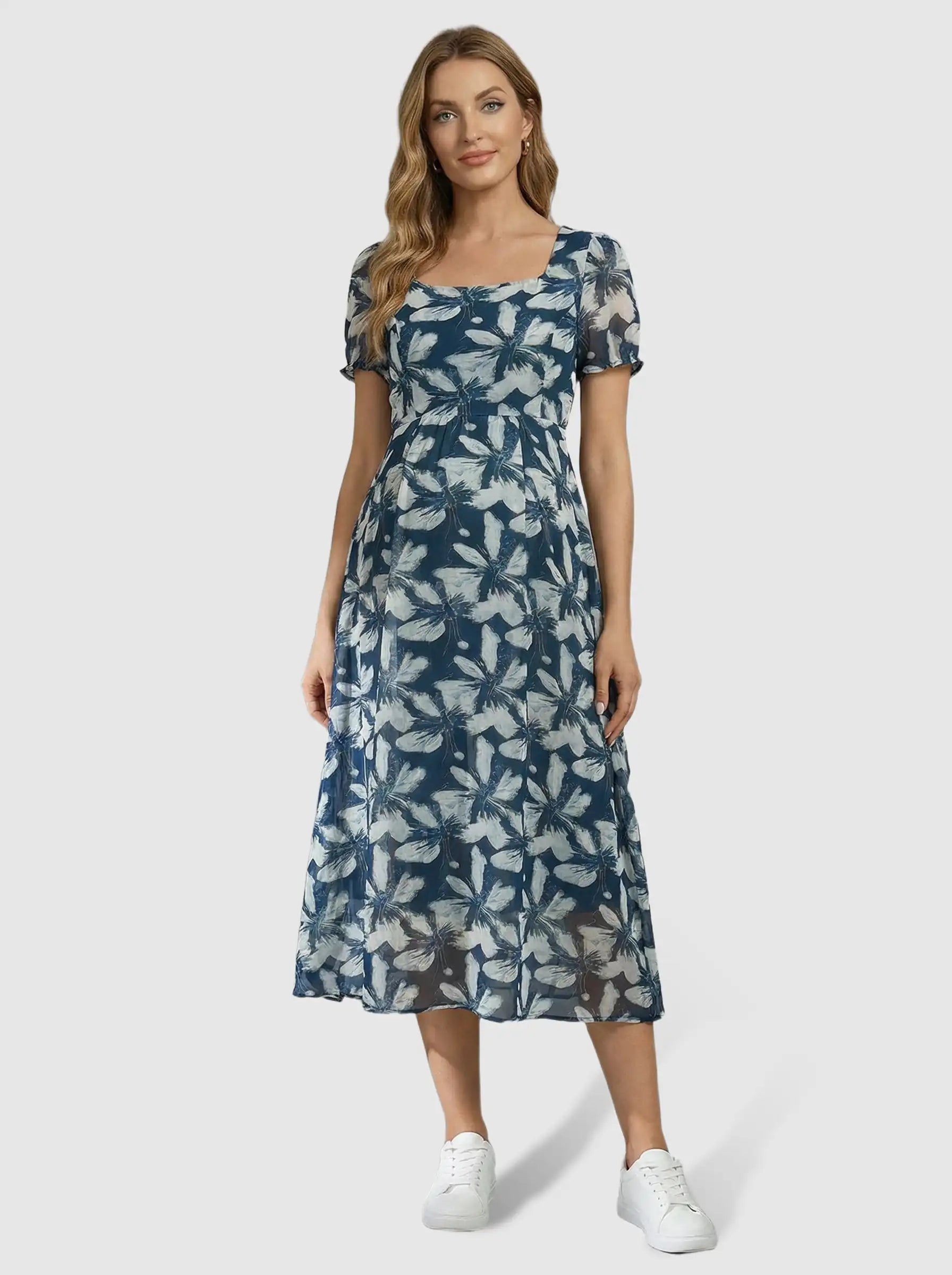 Square Neckline Floral Mid-Waist Cut Maternity Midi Dress