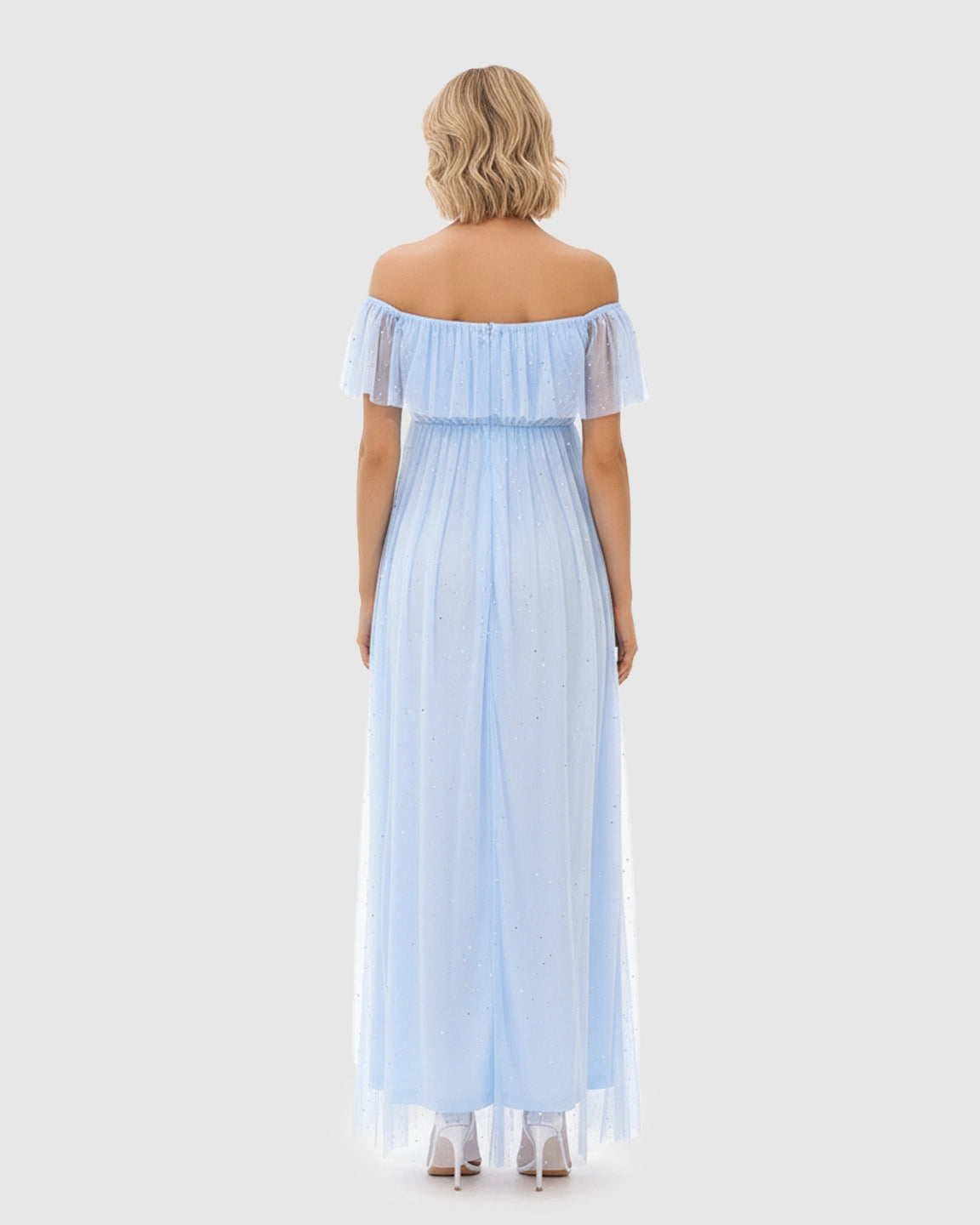 Off-Shoulder Mesh Empire Waist Maternity Maxi Dress