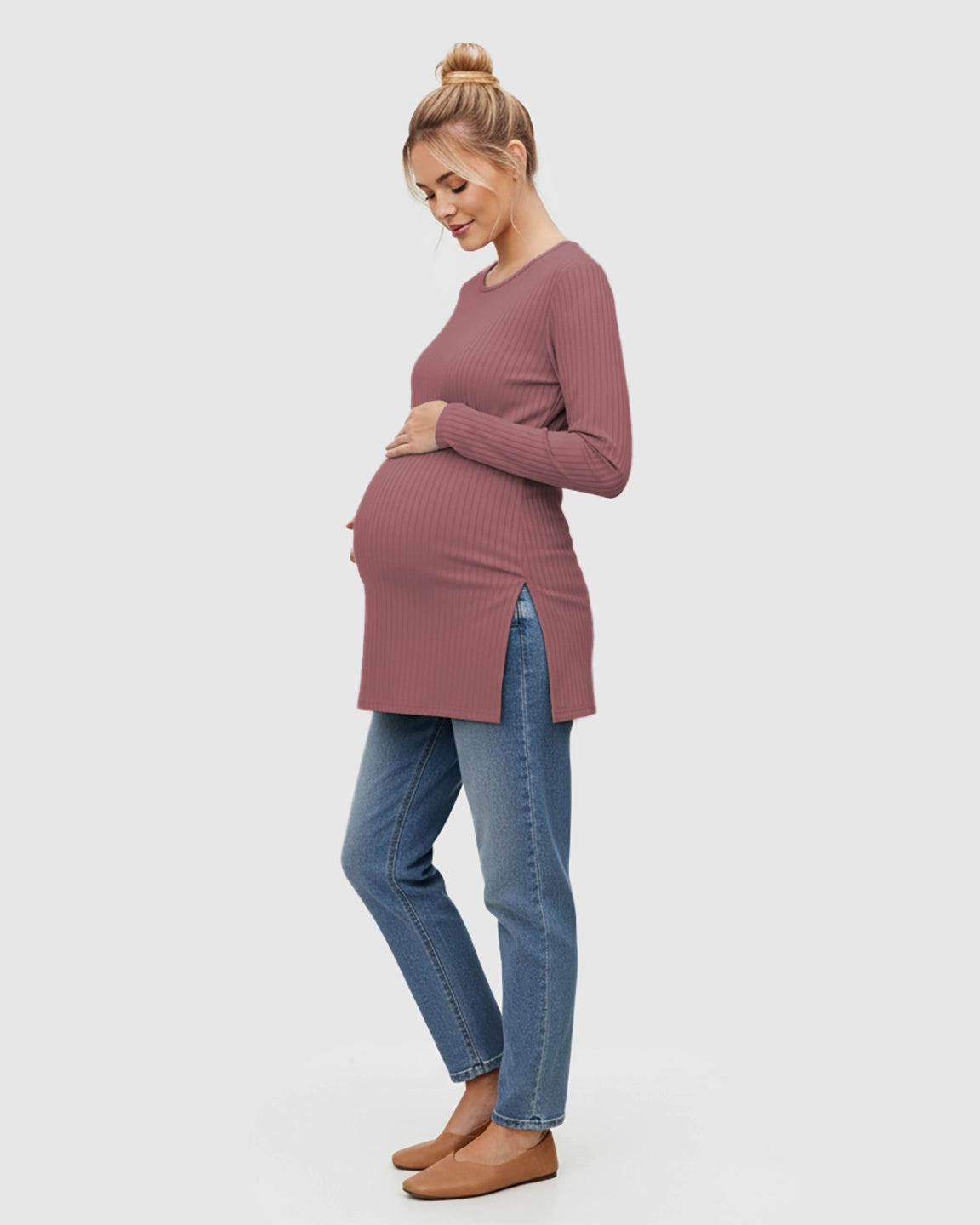 Ribbed Knit Long Sleeve Maternity Top with Side Slits