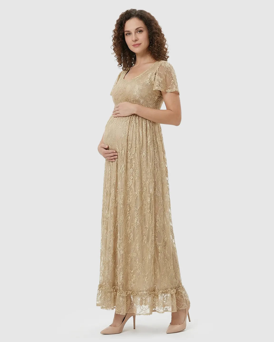 Ruffled Hem Floral Lace Maternity Photoshoot Dress