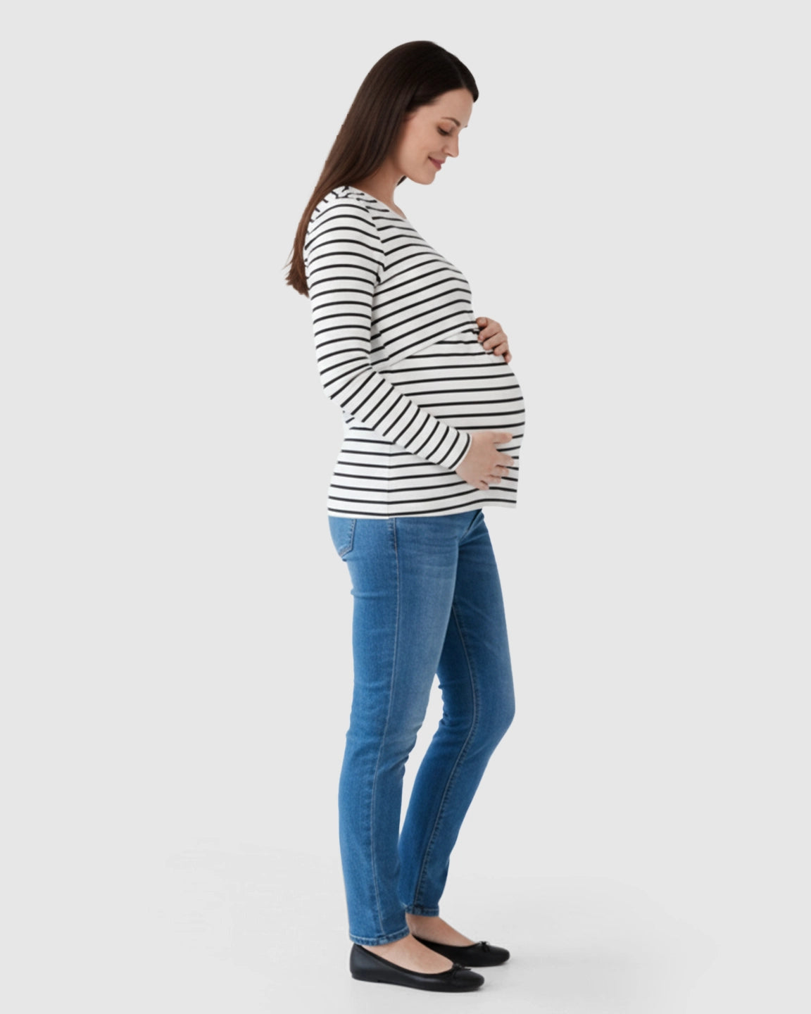 Round Neck Striped Print Maternity & Nursing Top