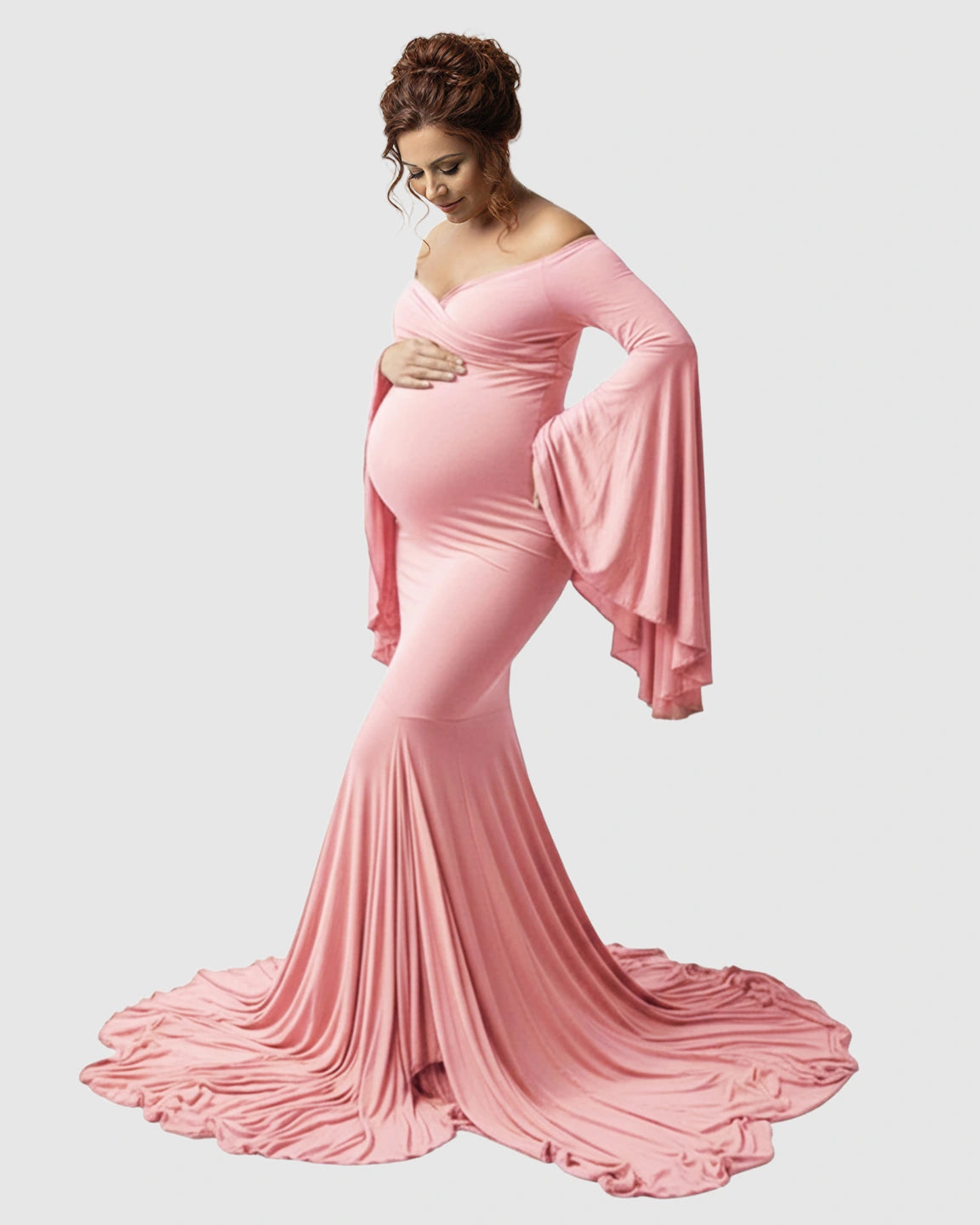 Flared Sleeve Fishtail Train Maternity Photoshoot Dress