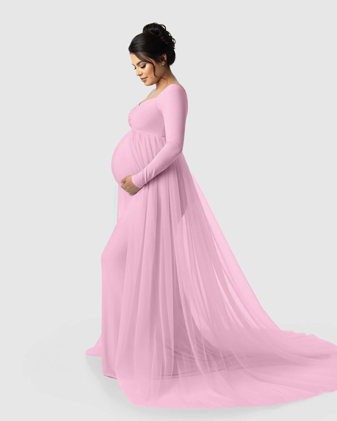 Sheer Mesh Flowy Train Maternity Maxi Dress