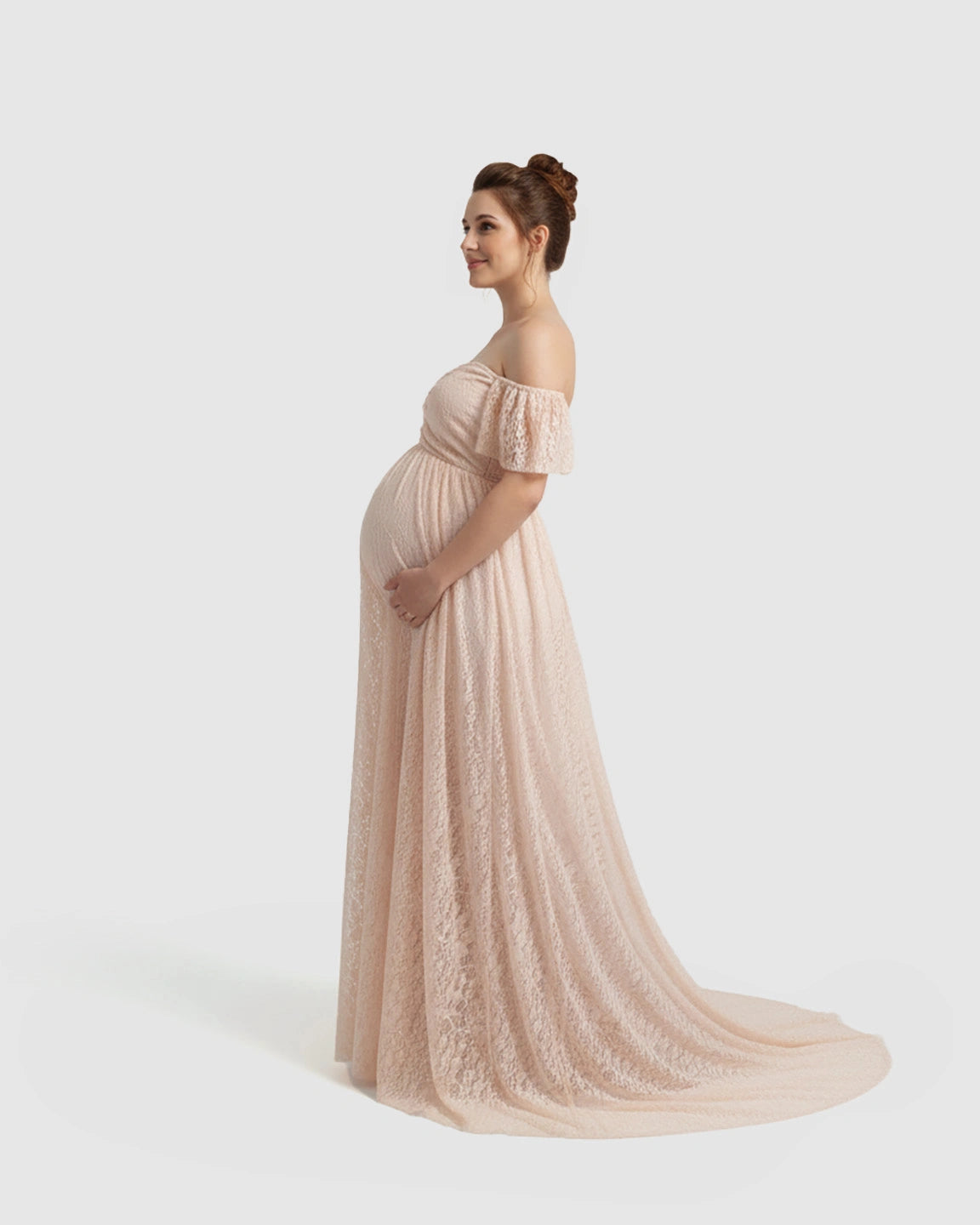Off-Shoulder Flowing Lace Maternity Maxi Dress