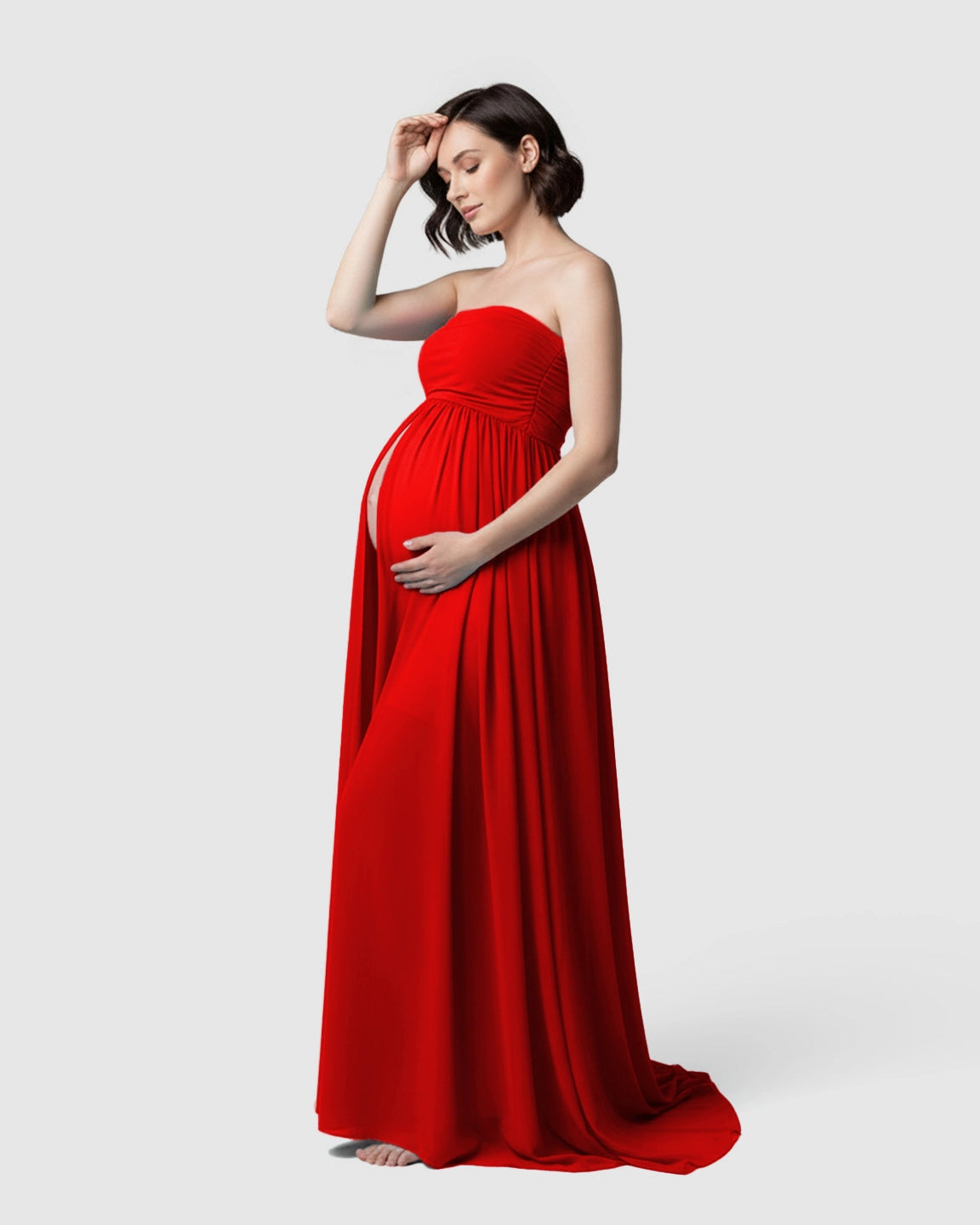 Strapless Ruched Front Slit Maternity Photoshoot Dress