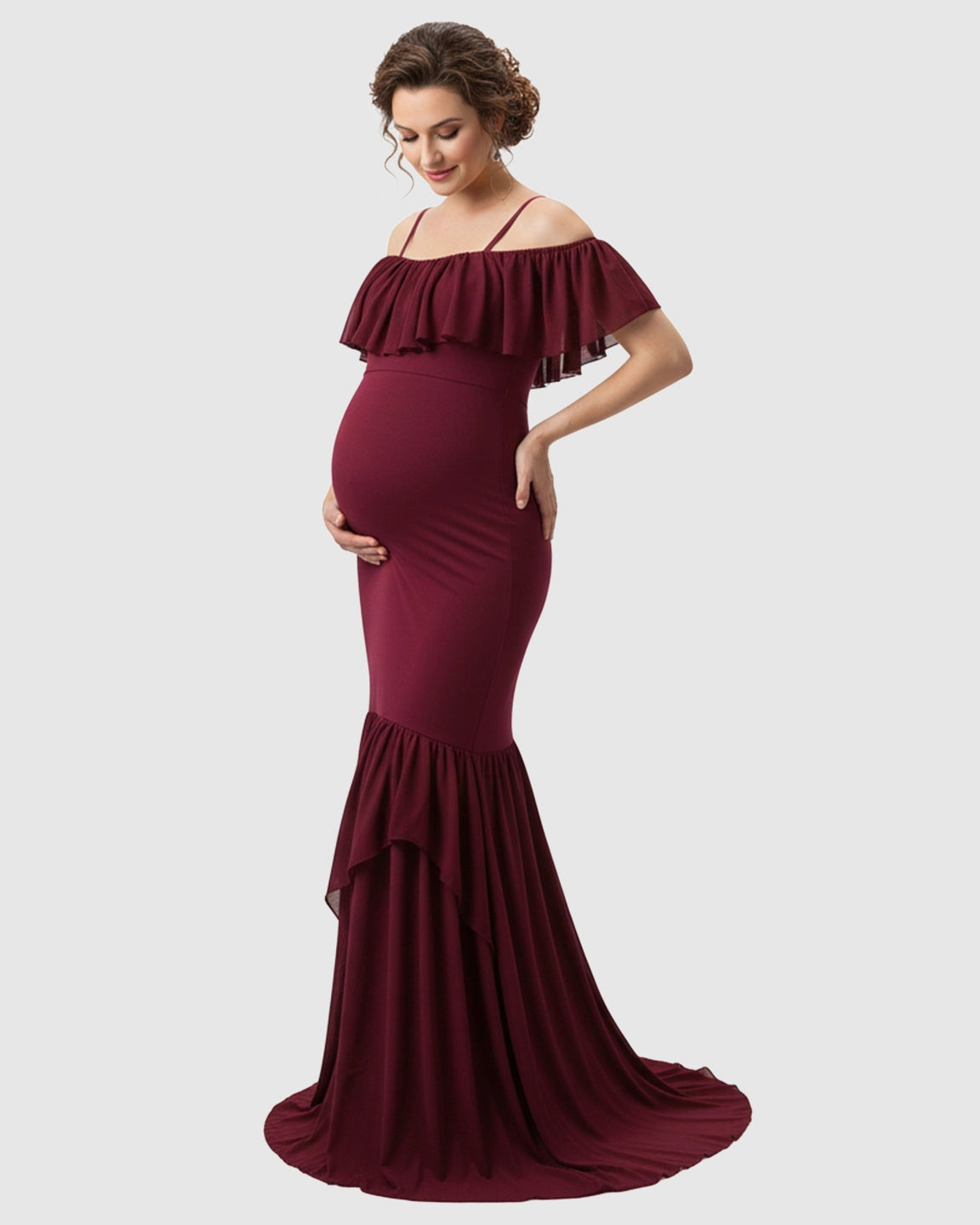 Ruffled Off-Shoulder Mermaid Train Maternity Photoshoot Dress