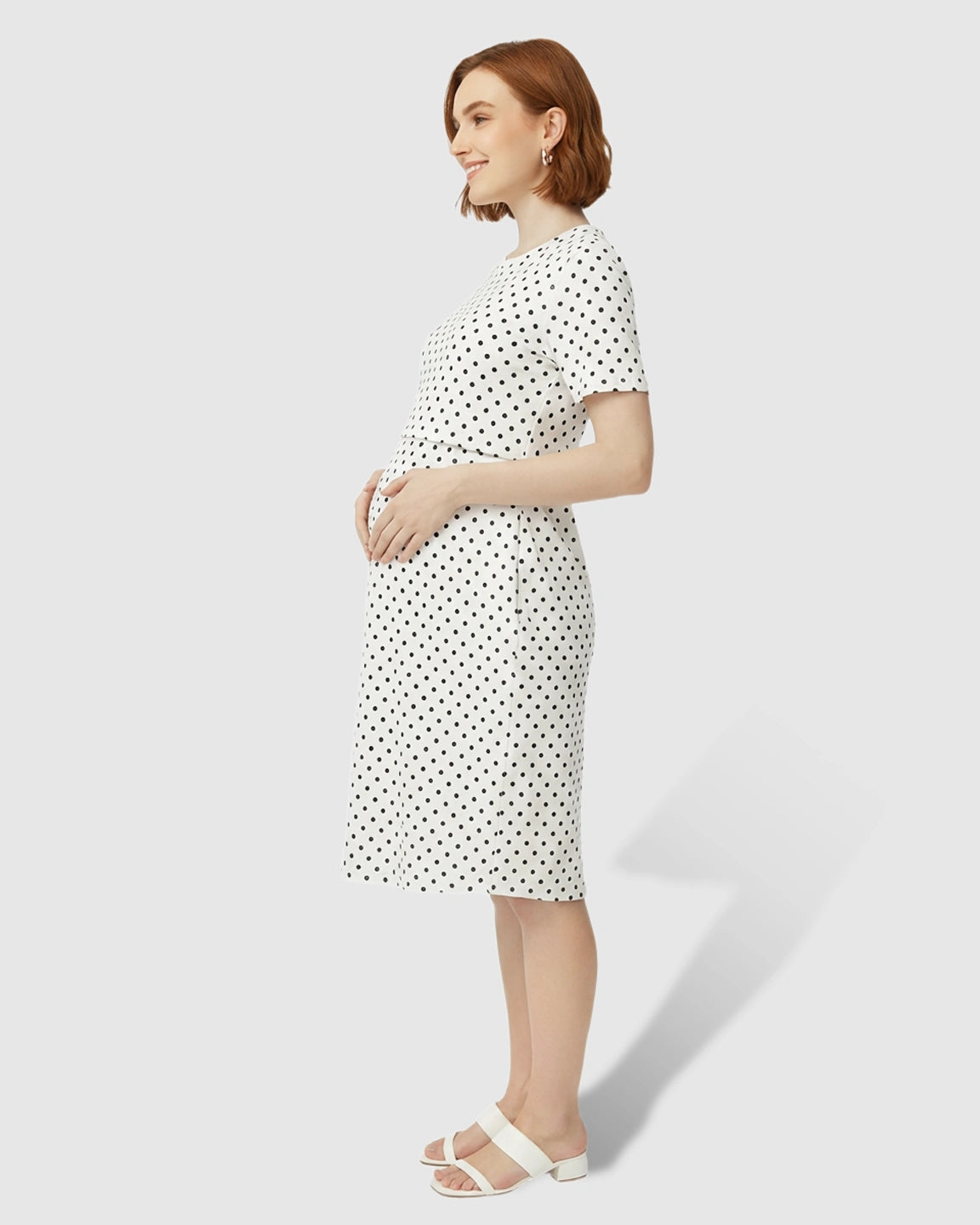 Short Sleeve Polka Dot Print Maternity Midi Dress
