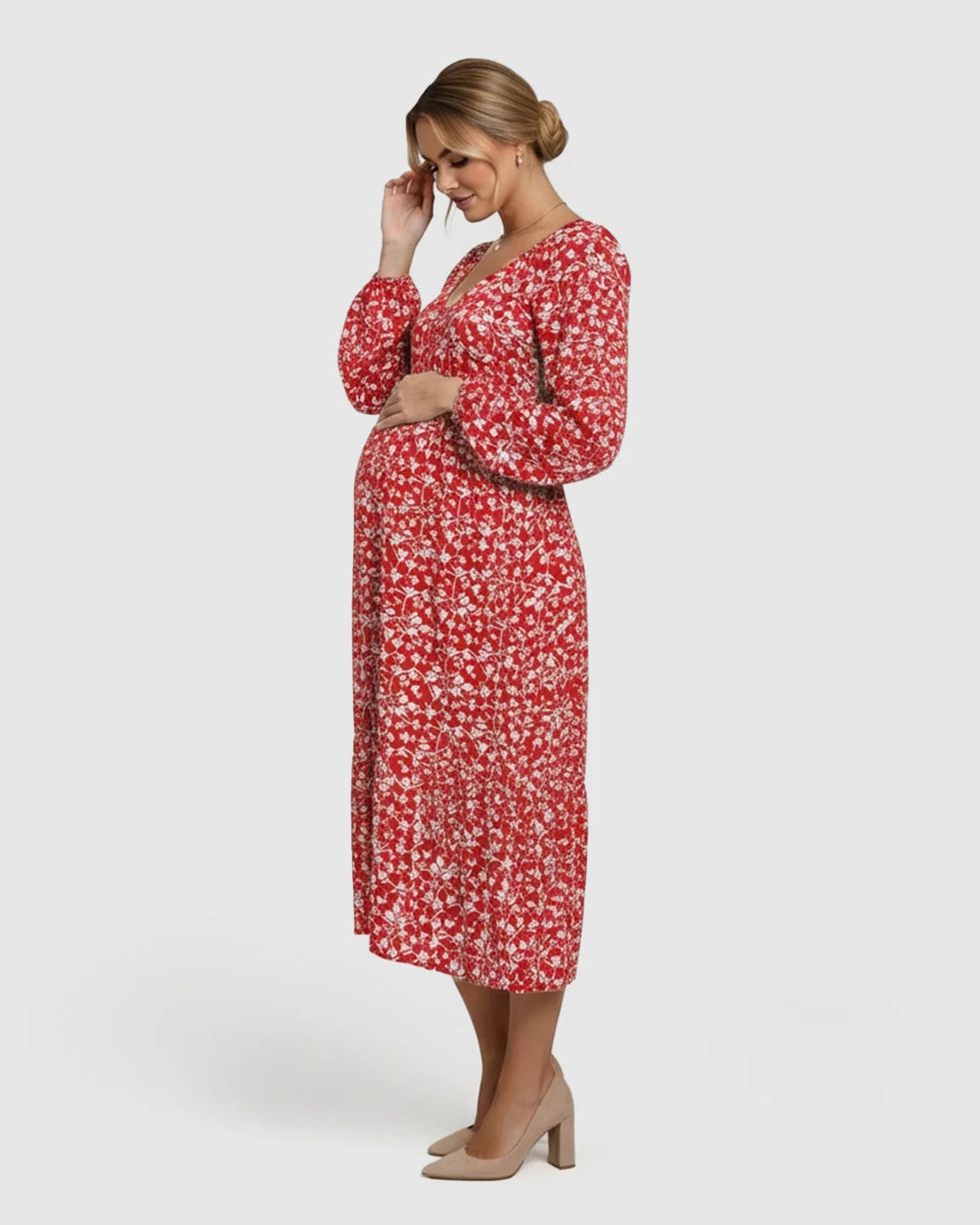 Floral Balloon Sleeves Midi Maternity Dress