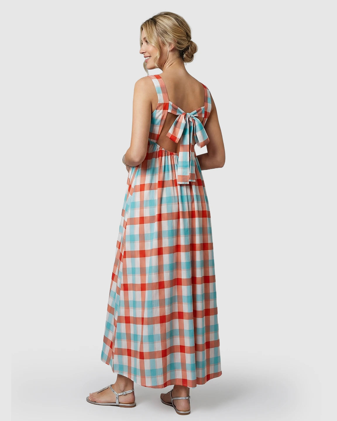 Tie-Back Plaid Pattern Maternity Maxi Dress