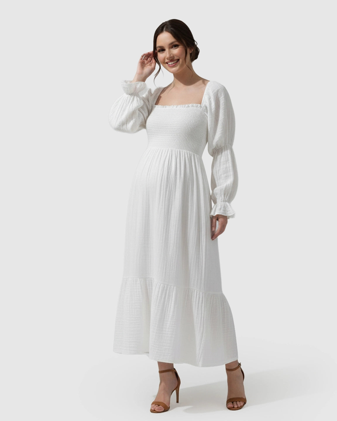 Puffed Long-Sleeve Tiered Skirt Maternity Maxi Dress