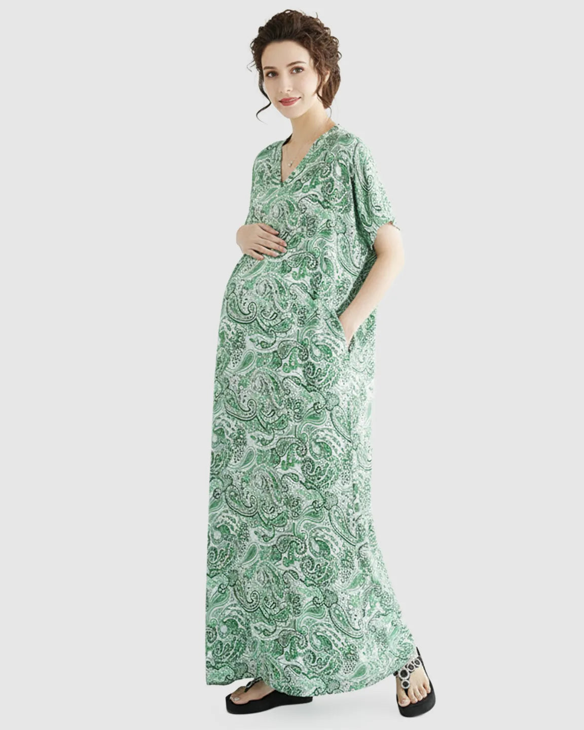 V-neck Ethnic Floral Print Maternity Maxi Dress